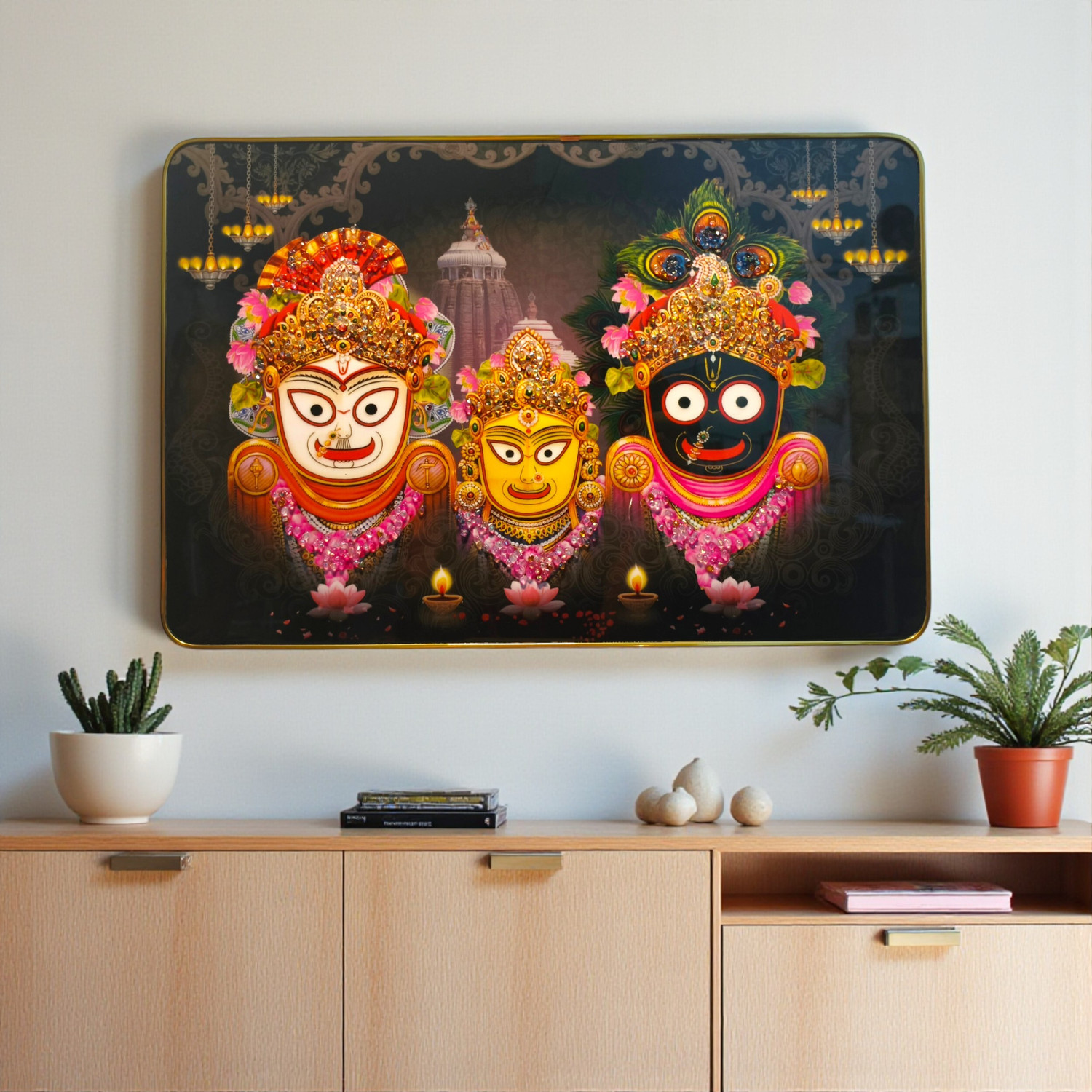 Image of Basudha Authentic paint Art of Lord Jagannath on Cloth | Handpainted Odisha Wall Hanging Embroidery 7 inch x 11 inch Painting (With Frame)