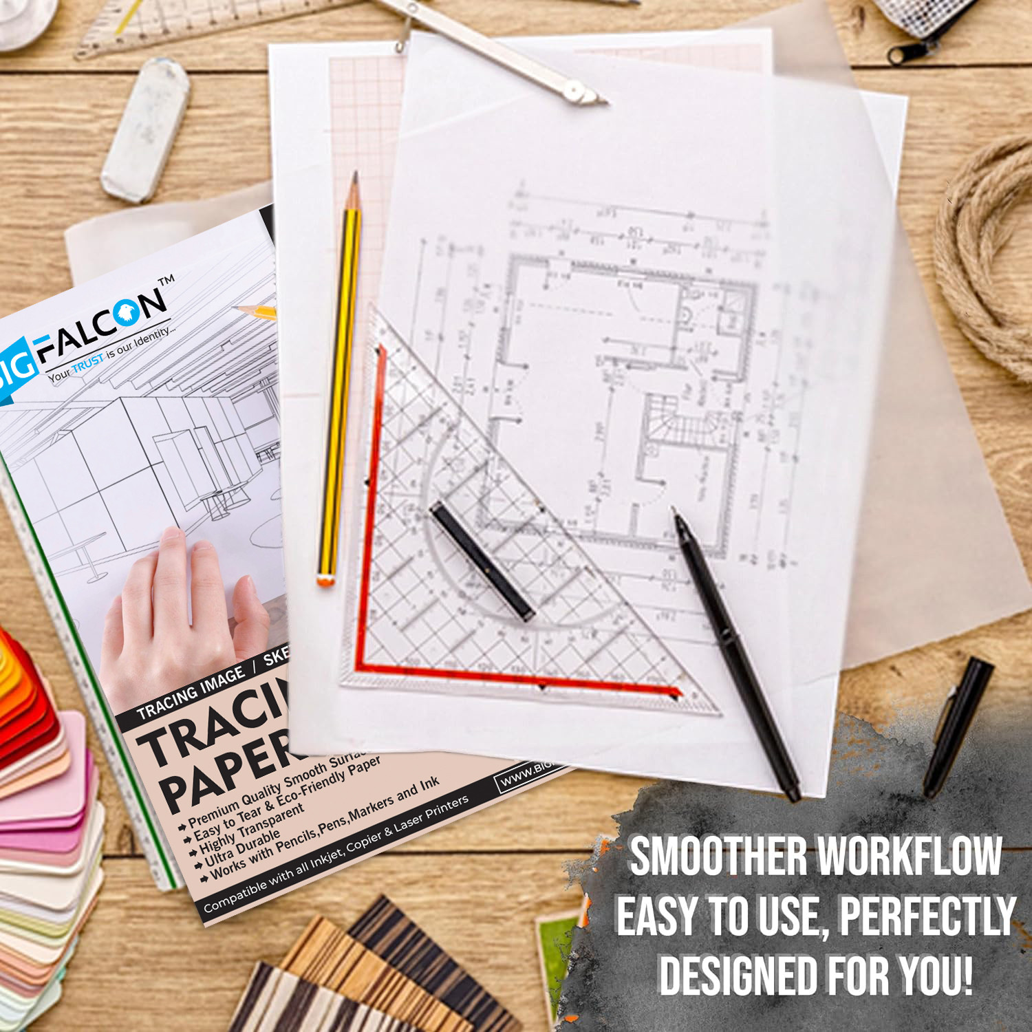 Image of BIGFALCON Premium Artist's Tracing Paper Translucent for Pencil,Marker & Ink Unruled A4 (210x297mm) 95 gsm Inkjet Paper (Set of 2, Translucent)