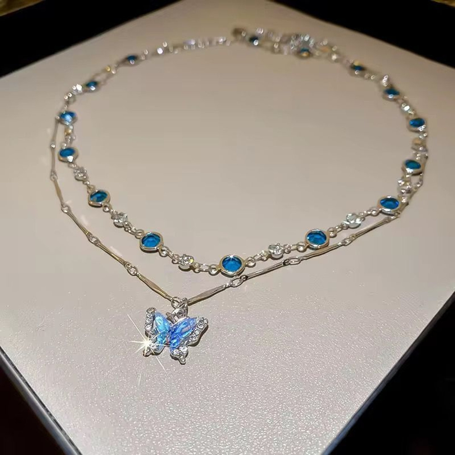 Ajpayonra Women'S Layered Necklace Double-stranded Buttrfly Rhinestone Zircon Ap-09 Silver Stainless Steel Pendant Set