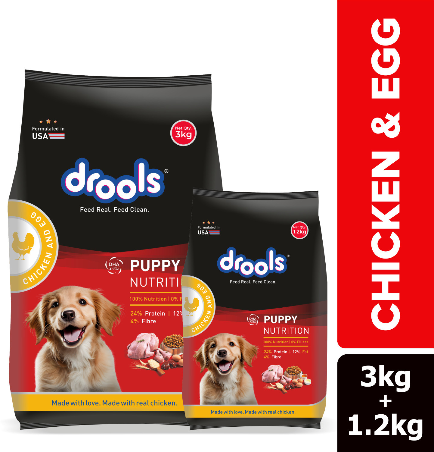 drools 1.2 kg Dog Food with Drools 3 kg Chicken and Egg 4.2 kg (2x2.1 kg) Dry Young Puppy Food