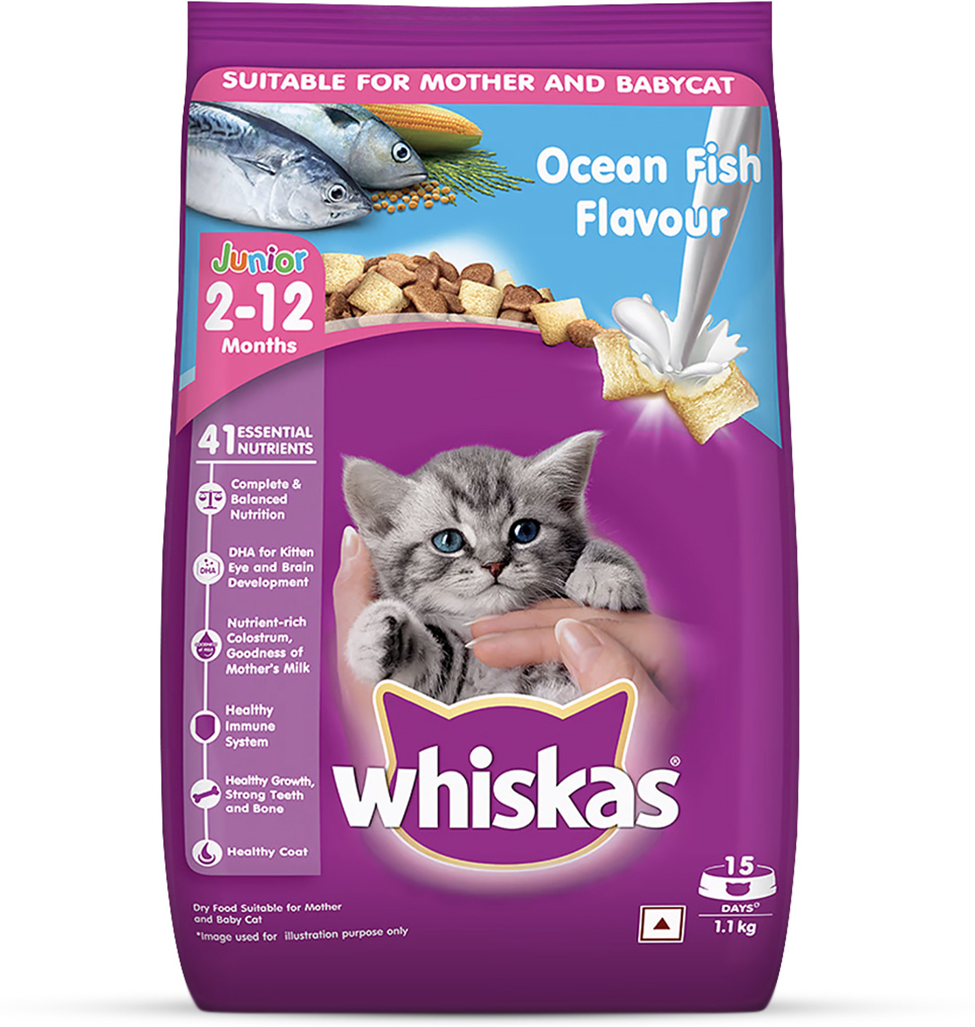 Whiskas Kitten (2-12 months) Ocean Fish With Milk Dry Food- 1.1 kg Fis