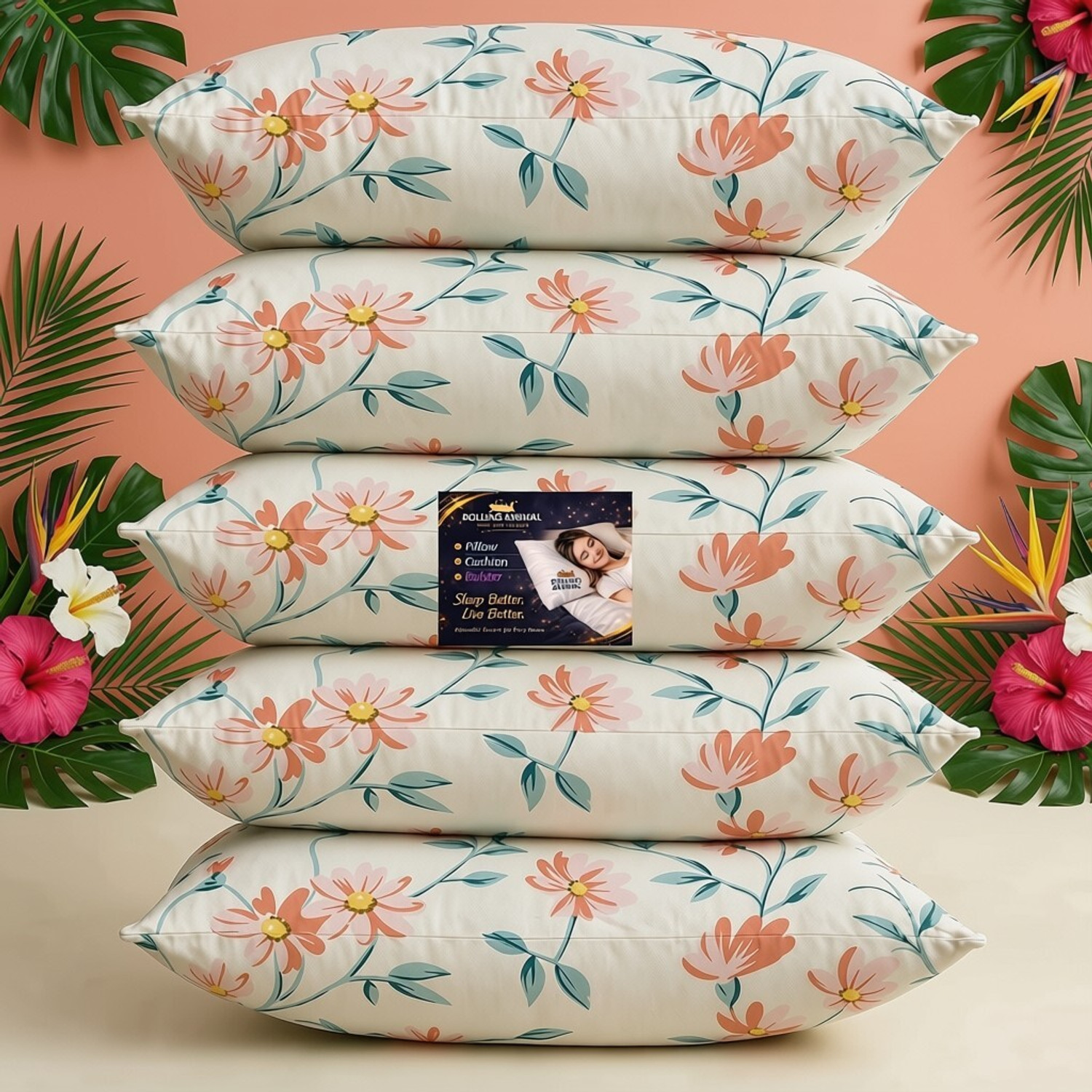 Image of Rolling Animal Cotton Sleeping Pillow Pack of 5 Floral Primum (Multicolor)