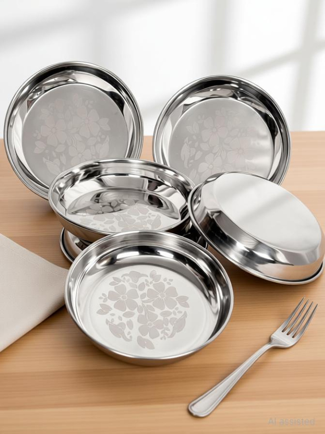 LIMETRO STEEL 6 Pcs Heavy Gauge Stainless Steel Laser Halva Plates / Breakfast Plates / Serving Plates BF1 (Diameter : 17 cm , 12 Pieces) Quarter Plate  (6 Quarter Plate)