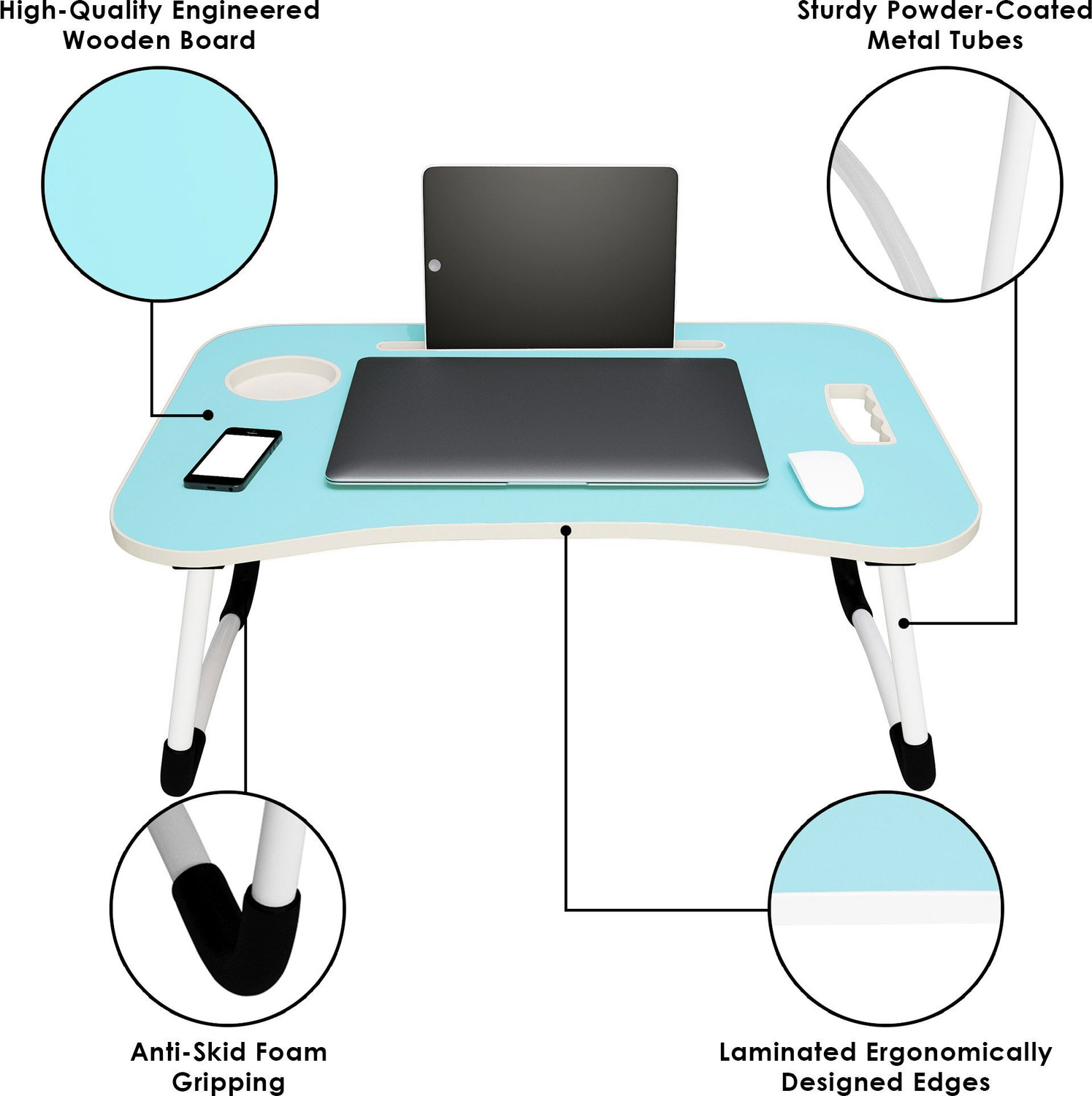 Image of Story@home LT1407 Wood Portable Laptop Table (Finish Color - Sky blue, Pre Assembled)