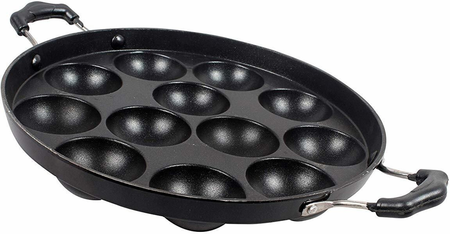 Image of gmart Non-Stick Big Appam Patra Appam Maker with Stainless Steel Lid- 12 Cavities Paniarakkal Pan 24 cm diameter with Lid 1 L capacity (Aluminium, Non-stick, Induction Bottom)