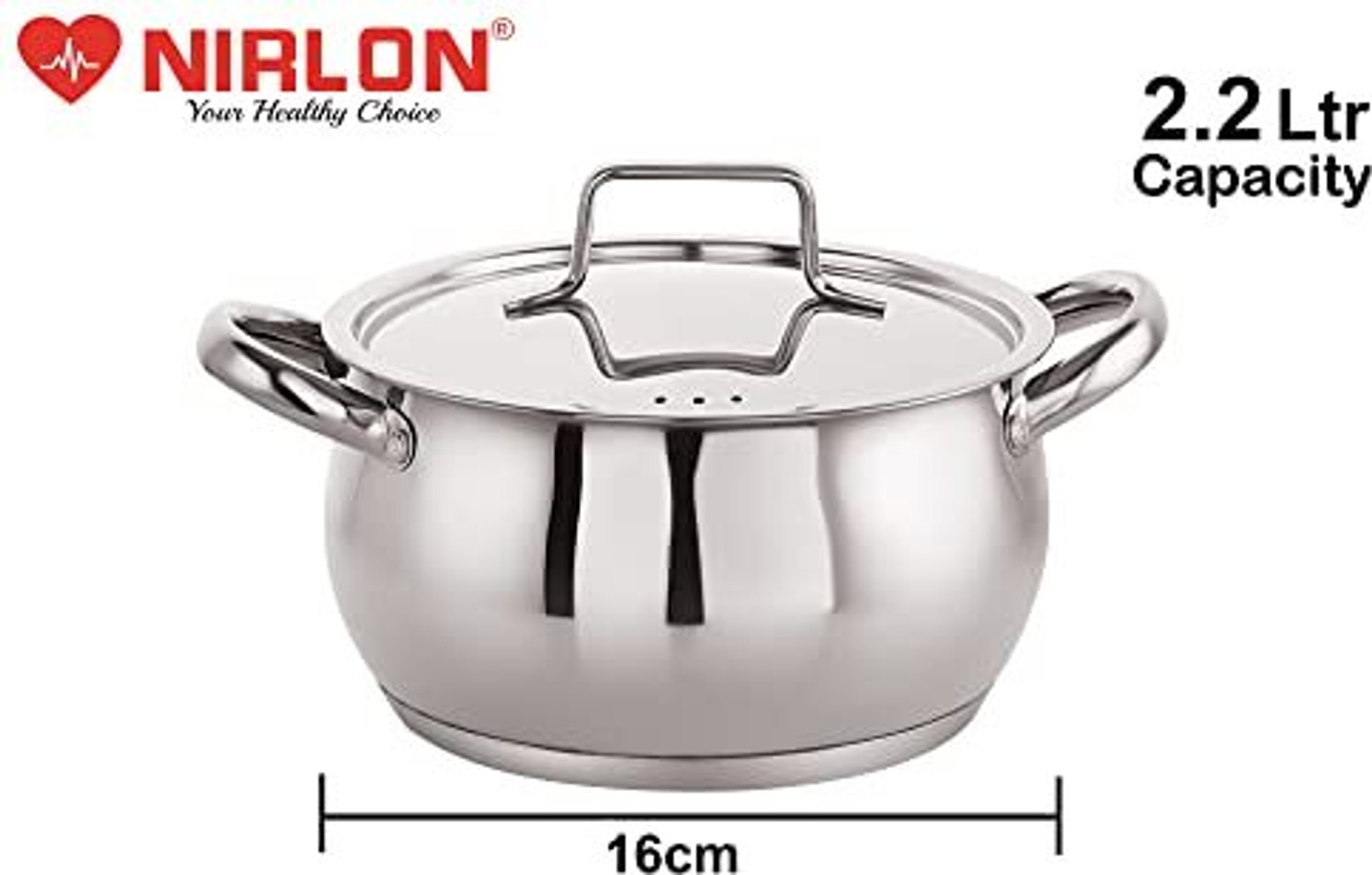 Image of NIRLON Deluxe Stainless Steel Impact Bonded Tri Ply Bottom Induction Handi Casserole Pot 16 cm diameter 2.2 L capacity with Lid (Stainless Steel, Non-stick, Induction Bottom)