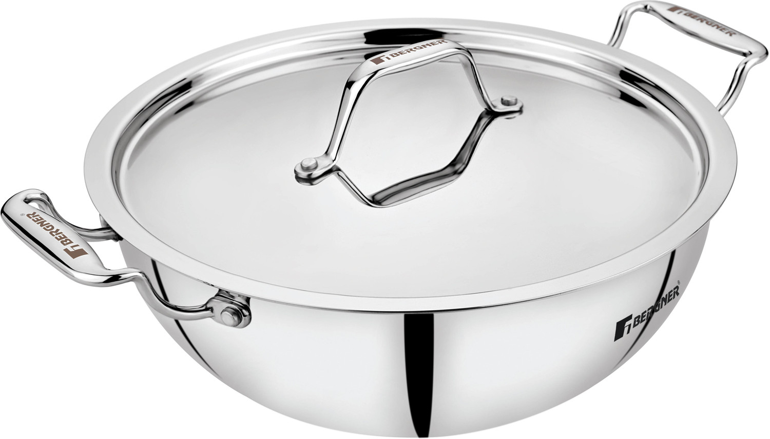 BERGNER Tripro Triply Stainless Steel Tasla/Tasra/Kadai/ Induction Bottom Kadhai 26 cm diameter with Lid 4.5 L capacity