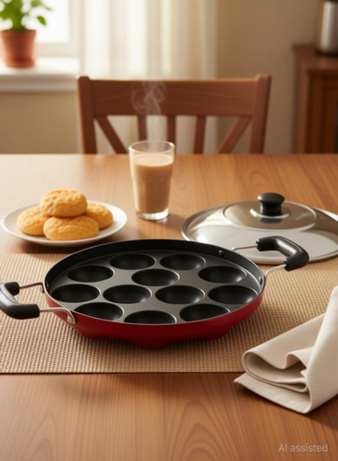 Image of gmart Non-Stick Big Appam Patra Appam Maker with Stainless Steel Lid- 12 Cavities Paniarakkal Pan 24 cm diameter with Lid 1 L capacity (Aluminium, Non-stick, Induction Bottom)
