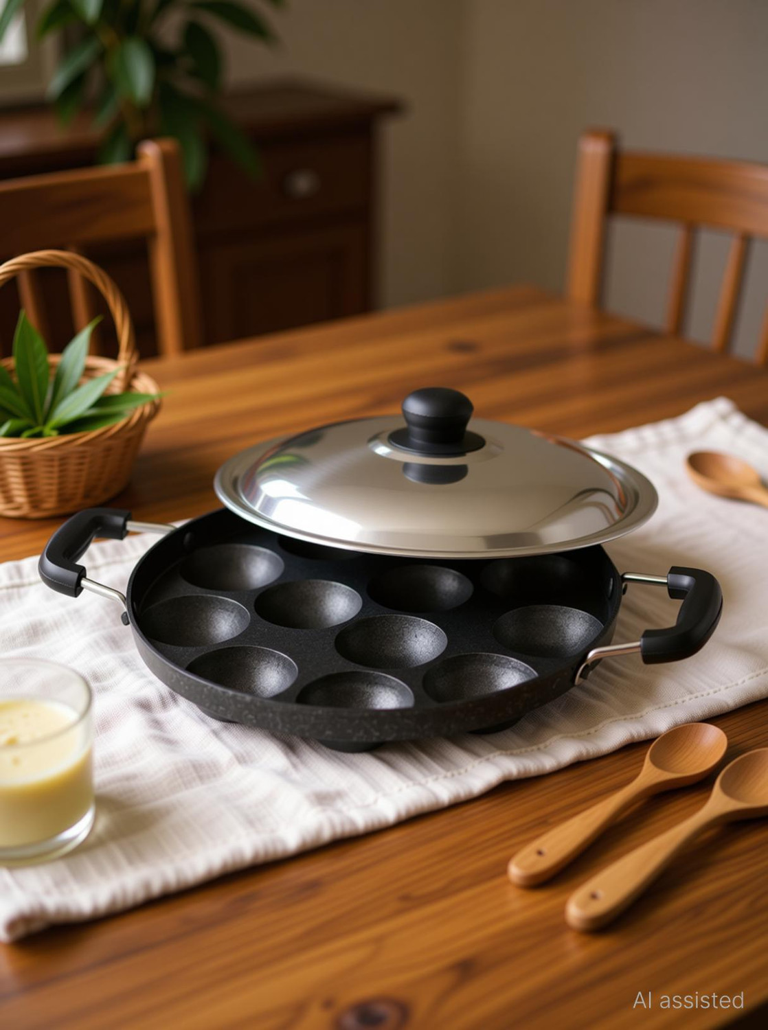 Image of gmart Non-Stick Big Appam Patra Appam Maker with Stainless Steel Lid- 12 Cavities Paniarakkal Pan 24 cm diameter with Lid 1 L capacity (Aluminium, Non-stick, Induction Bottom)