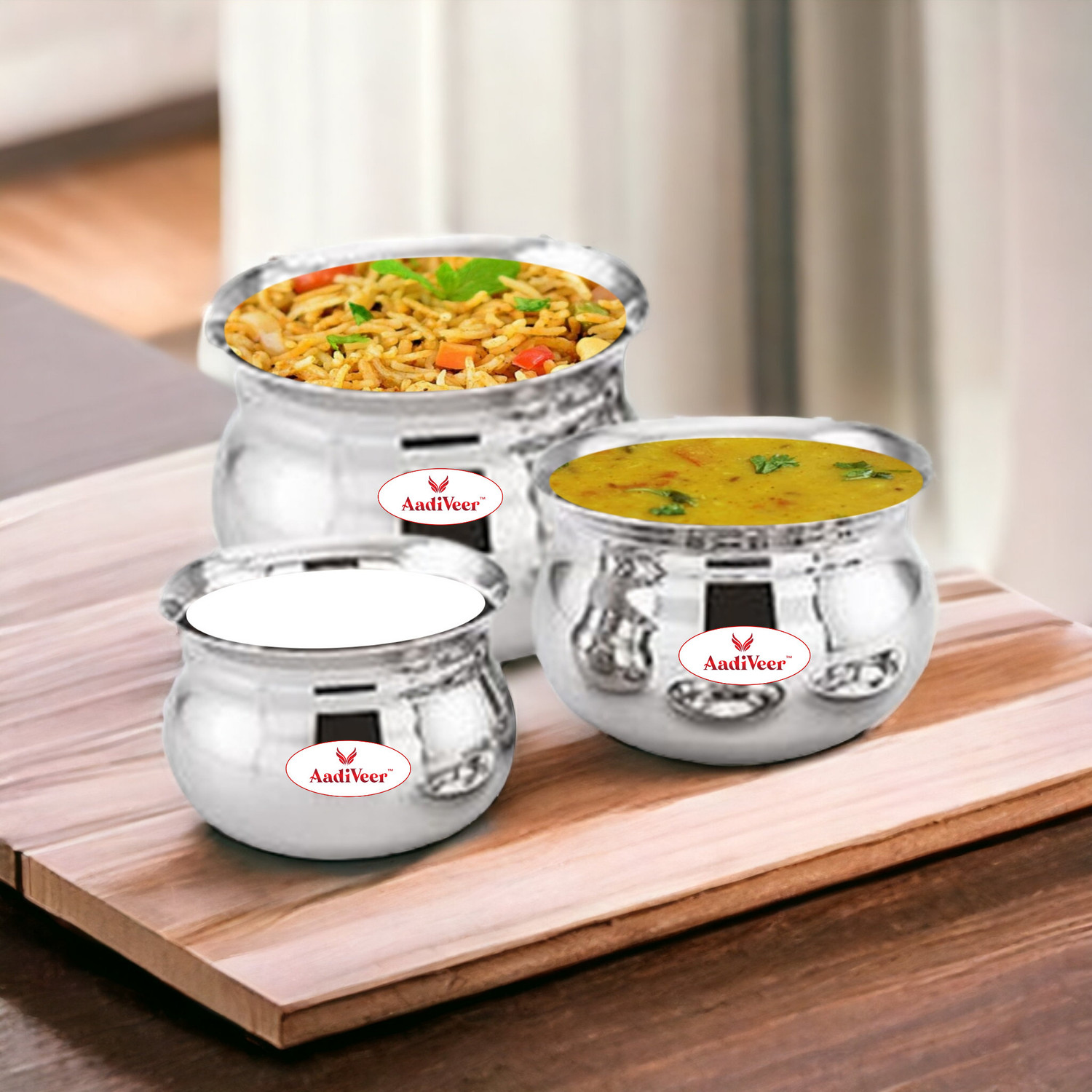 Image of AadiVeer Stainless Steel Handi| Steel Pot | Milk Pot | Dahi Handi | Biryani Handi 0.45 L, 1.35 L (Stainless Steel, Induction Bottom)