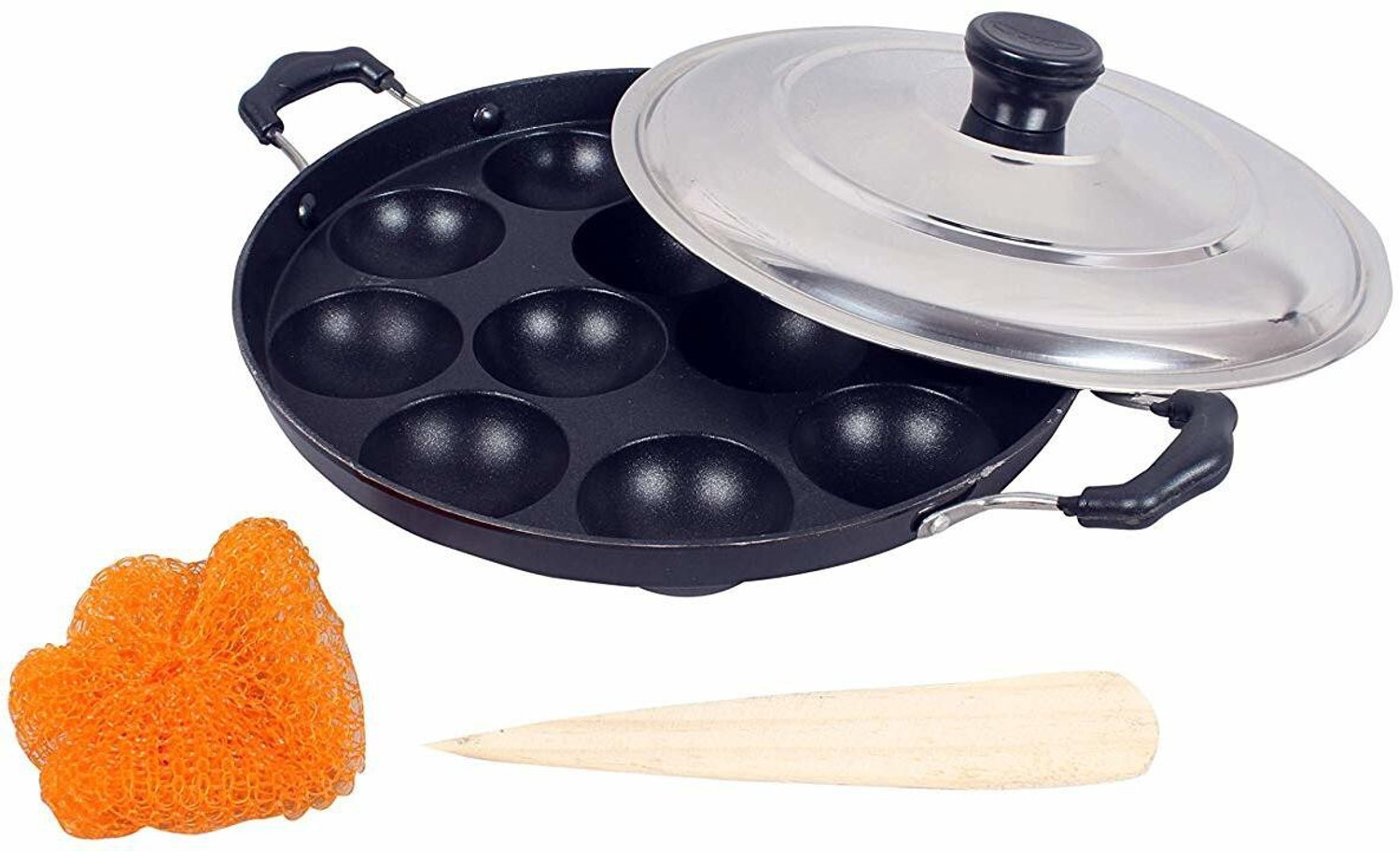 Image of gmart Non-Stick Big Appam Patra Appam Maker with Stainless Steel Lid- 12 Cavities Paniarakkal Pan 24 cm diameter with Lid 1 L capacity (Aluminium, Non-stick, Induction Bottom)