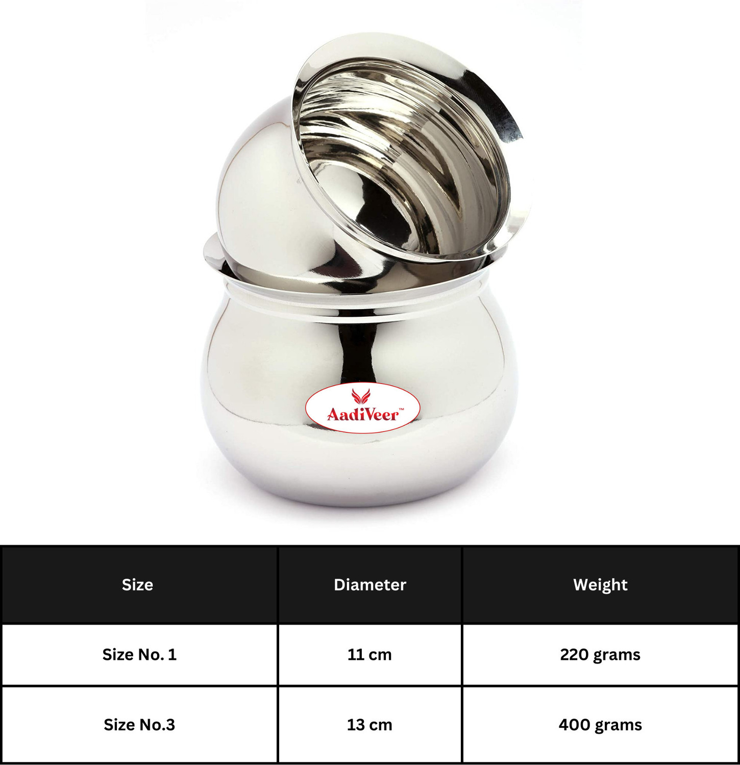 Image of AadiVeer Stainless Steel Handi| Steel Pot | Milk Pot | Dahi Handi | Biryani Handi 0.45 L, 1.35 L (Stainless Steel, Induction Bottom)