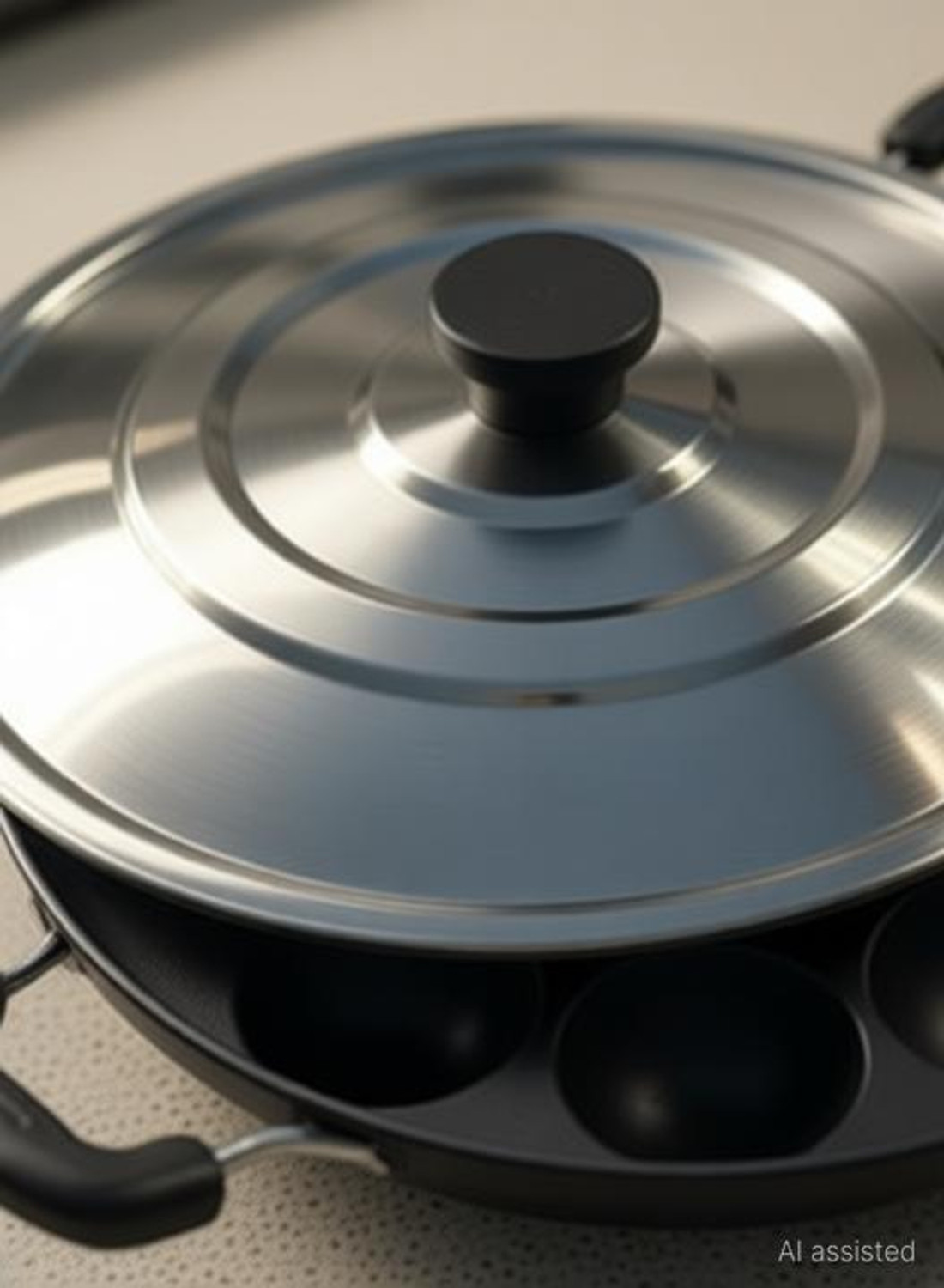 Image of gmart Non-Stick Big Appam Patra Appam Maker with Stainless Steel Lid- 12 Cavities Paniarakkal Pan 24 cm diameter with Lid 1 L capacity (Aluminium, Non-stick, Induction Bottom)
