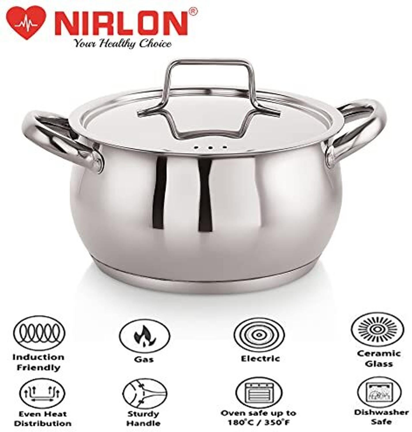 Image of NIRLON Deluxe Stainless Steel Impact Bonded Tri Ply Bottom Induction Handi Casserole Pot 16 cm diameter 2.2 L capacity with Lid (Stainless Steel, Non-stick, Induction Bottom)