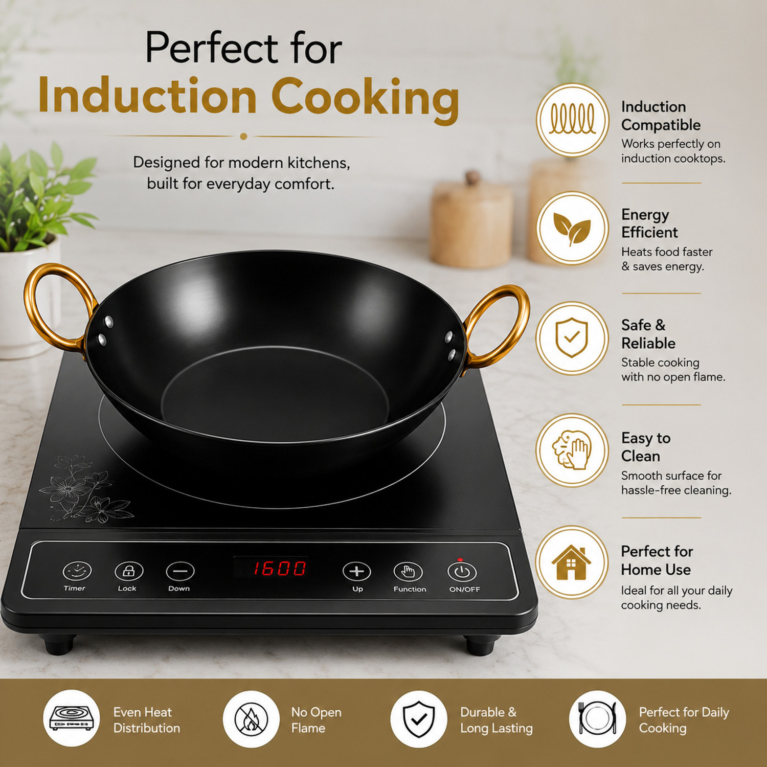 Image of TheBartanBazzar Kadhai 30 cm diameter with Lid 4.5 L capacity (Iron, Non-stick, Induction Bottom)