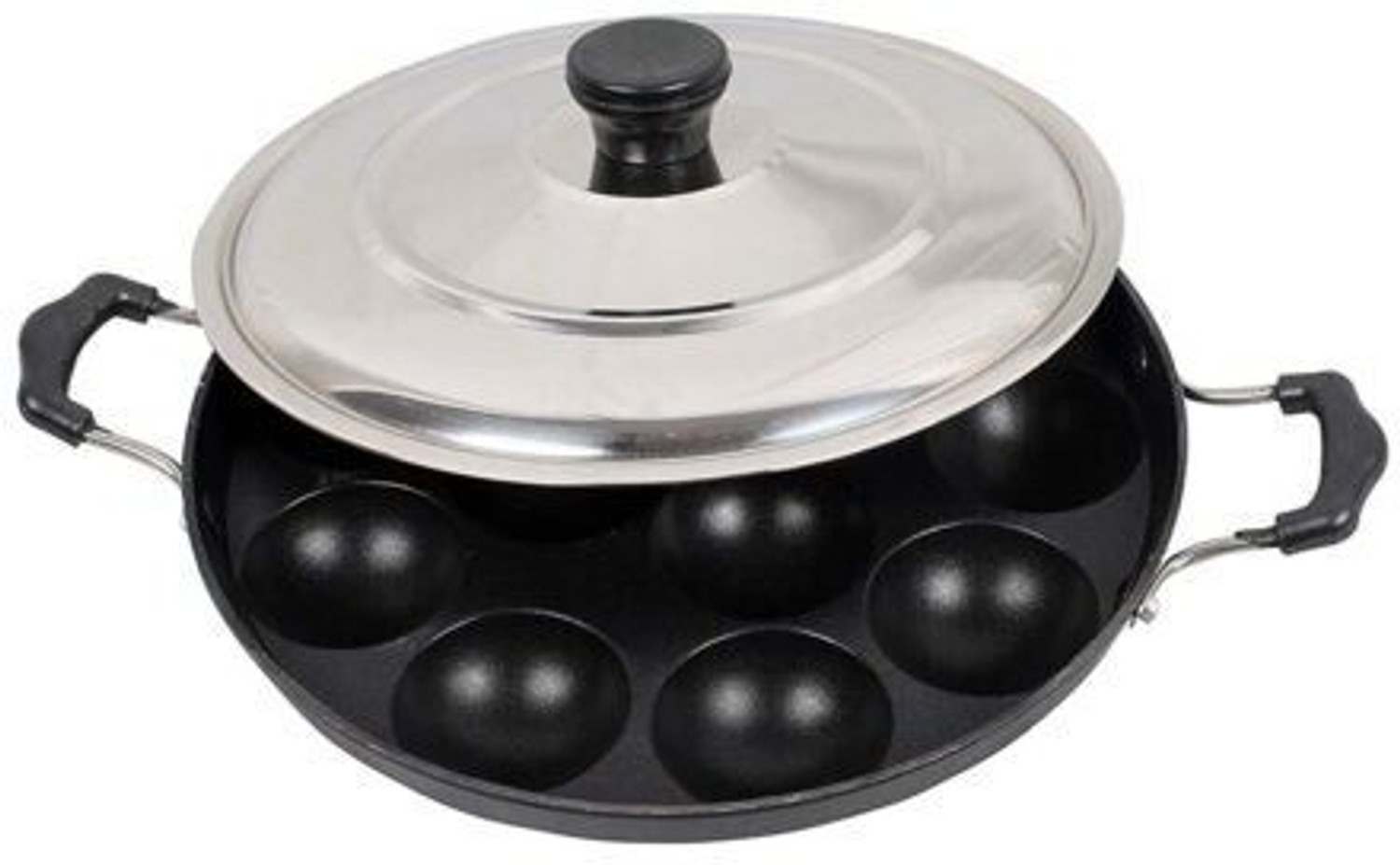 Image of gmart Non-Stick Big Appam Patra Appam Maker with Stainless Steel Lid- 12 Cavities Paniarakkal Pan 24 cm diameter with Lid 1 L capacity (Aluminium, Non-stick, Induction Bottom)