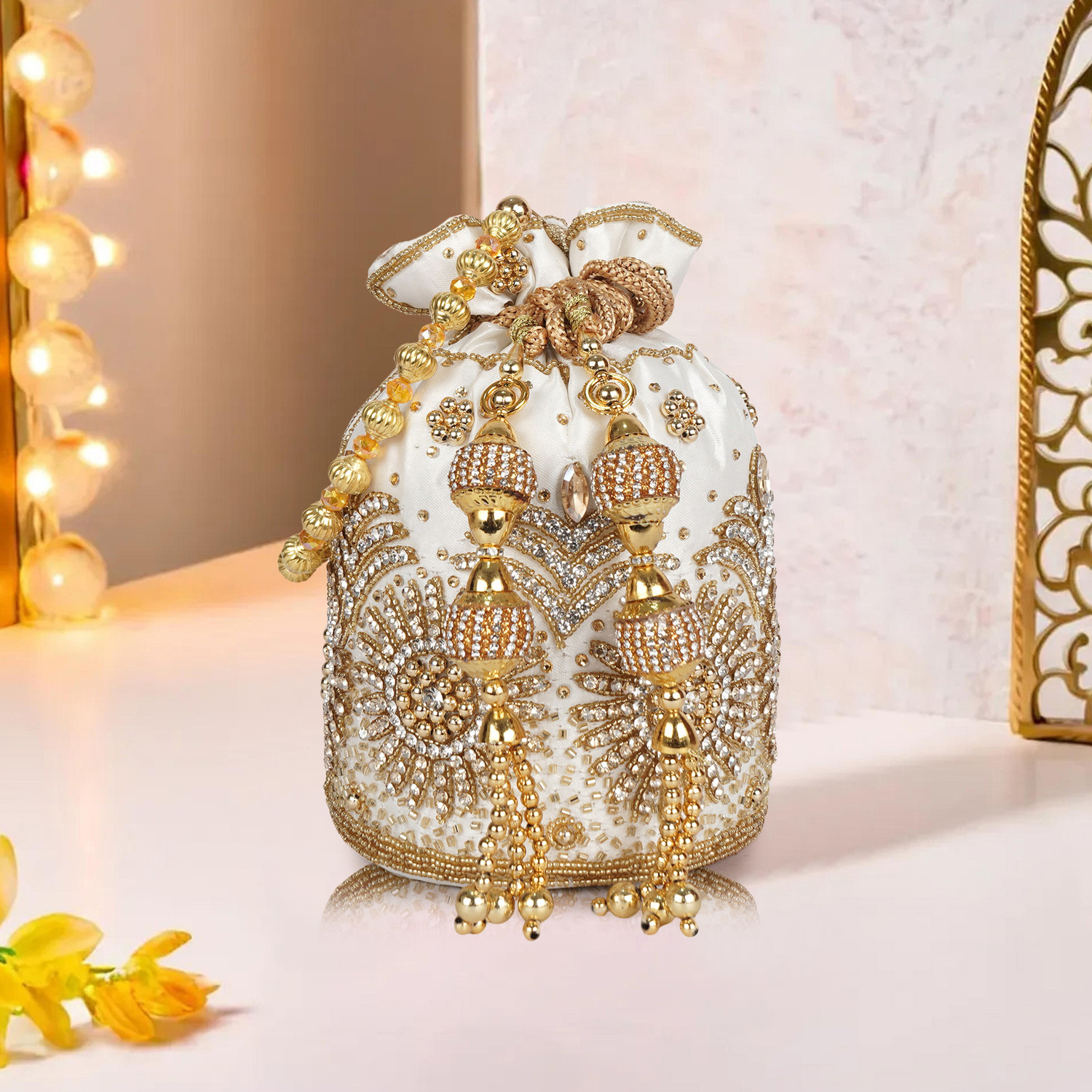 Spotic Elegant Fancy Gold Embellished Potli Bag With Heavy Beadwork & Tassel Detailing Potli
