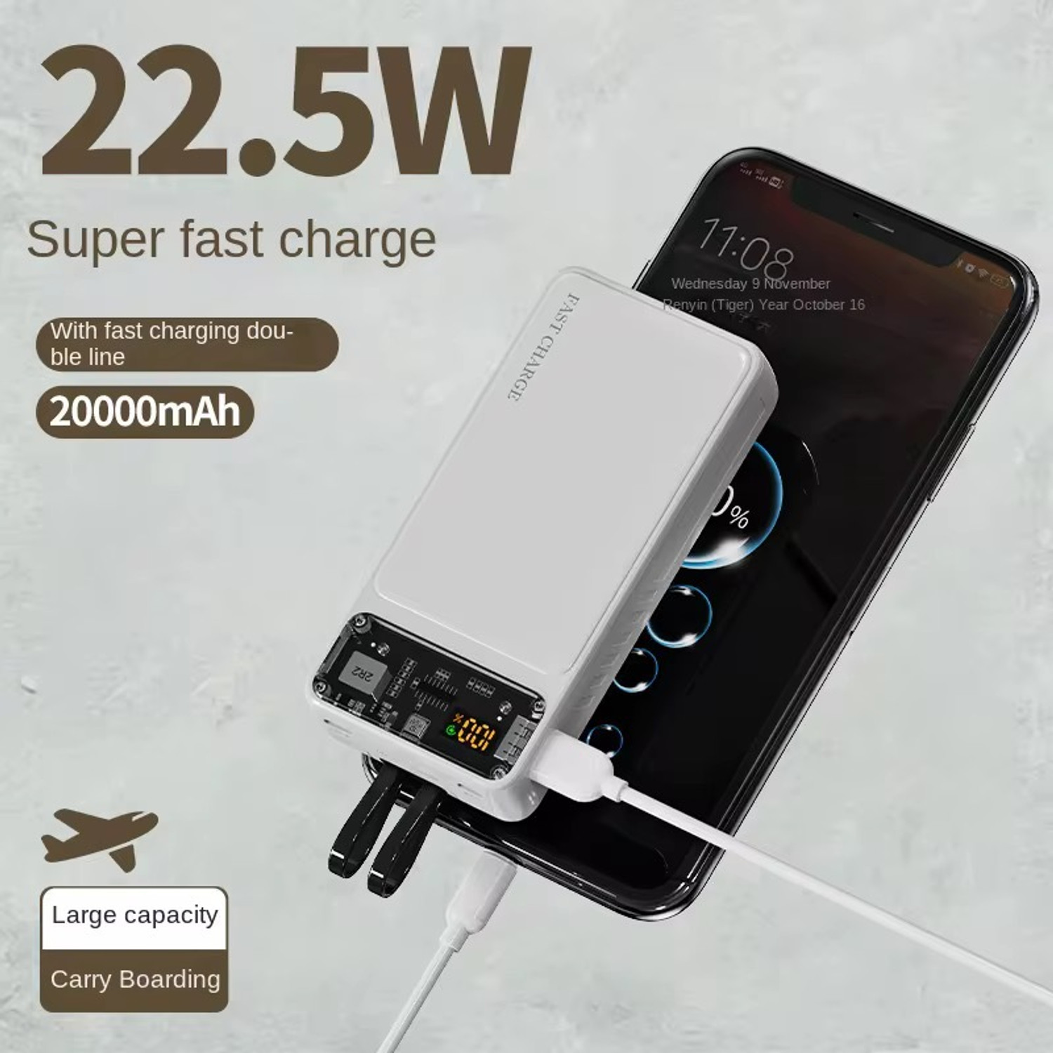 Image of MI8BE 20000 mAh 22.5 W Compact Pocket Size Power Bank (White, Lithium Polymer, Quick Charge 4.0, Power Delivery 3.0, Fast Charging for Mobile, Earbuds, Smartwatch, Smartband, Speaker)