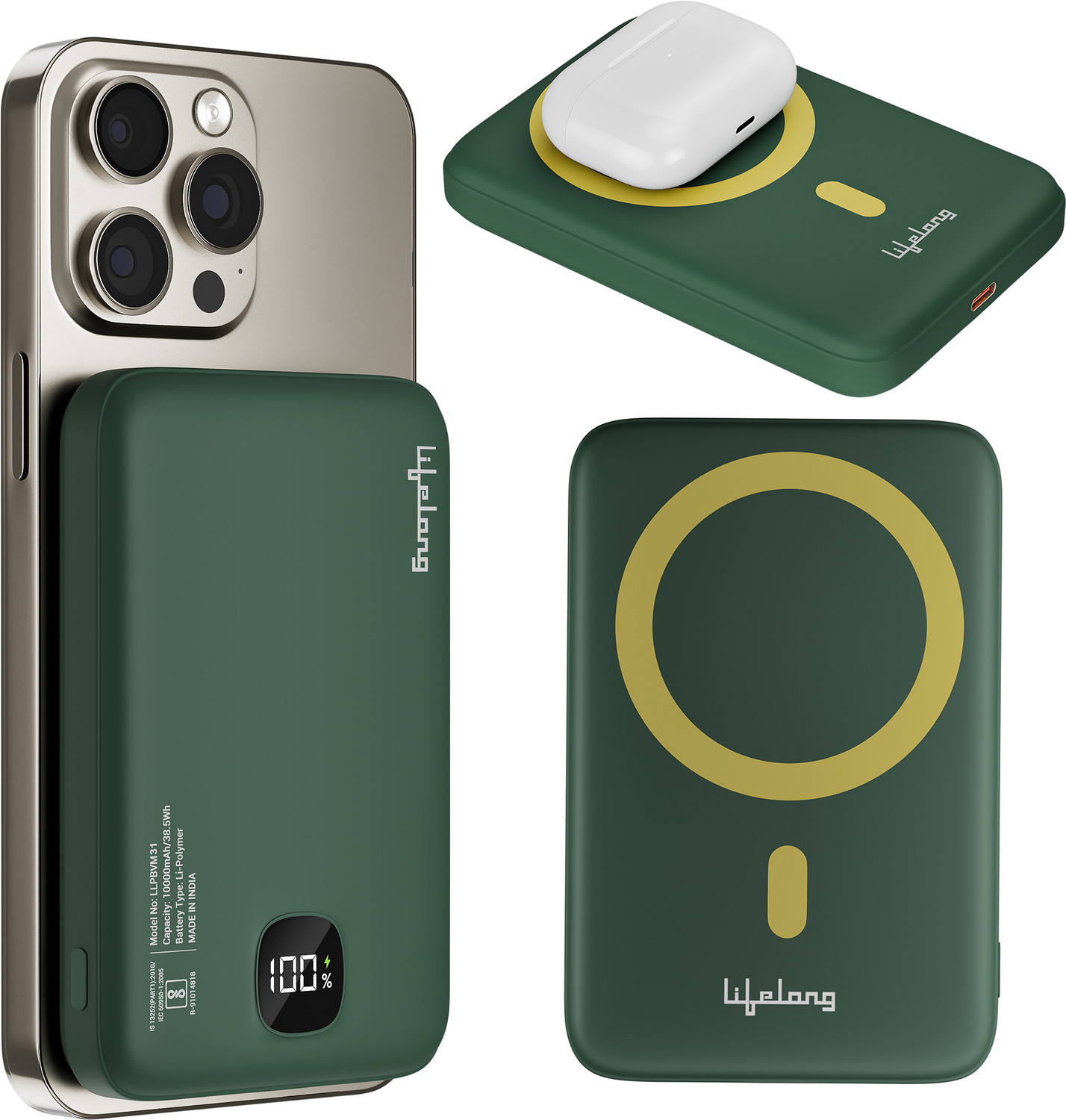 10000 mAh 22.5 W Wired & Wireless Pocket Size Power Bank (Green, Lithi