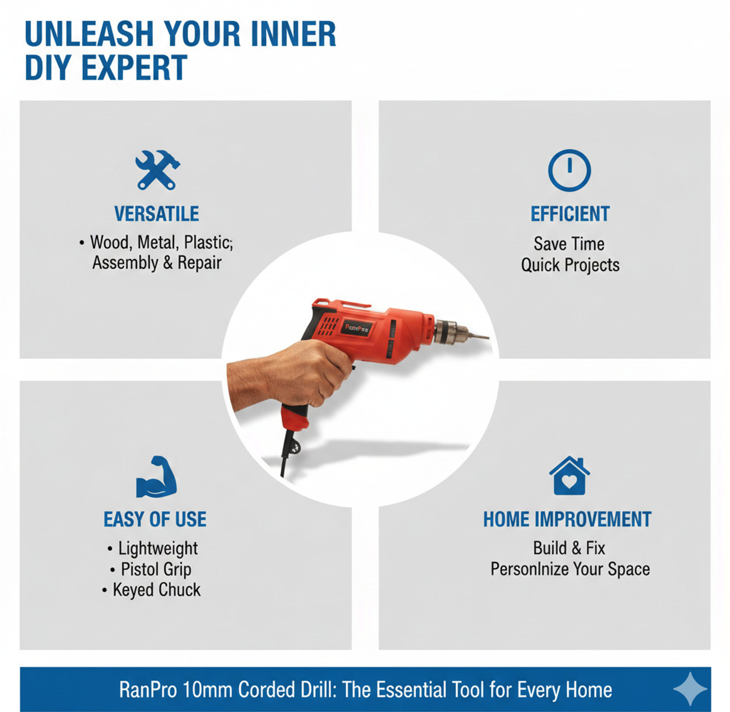 Image of RanPra 10MM DRILL | FORWARD AND REVERSE FUNCTION HEAVY DUTY 10MM HAMMER DRILL| 5pcs Drill bits and 4useable Blades and 4inch Angle Grinder Hammer Drill (10.5 mm Chuck Size, 650 W)