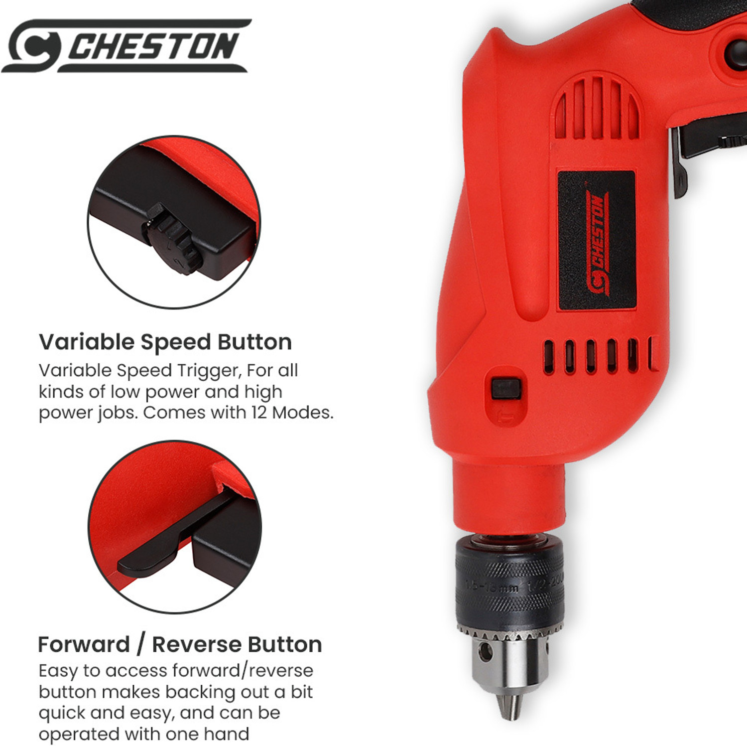 Image of CHESTON 13mm Impact Machine Reversible Hammer Driver Variable Speed Screwdriver CHD-13RE-13MM.KIT. Pistol Grip Drill