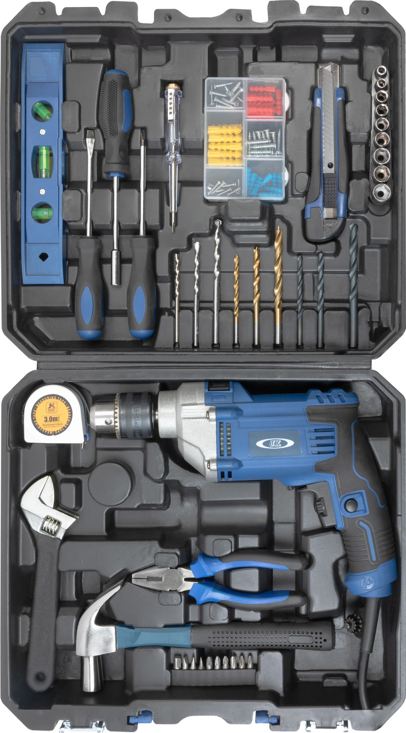 JK Super Drive Professional Toolkit with 750Watts, 13mm Impact Drill, Power & Hand Tool Kit