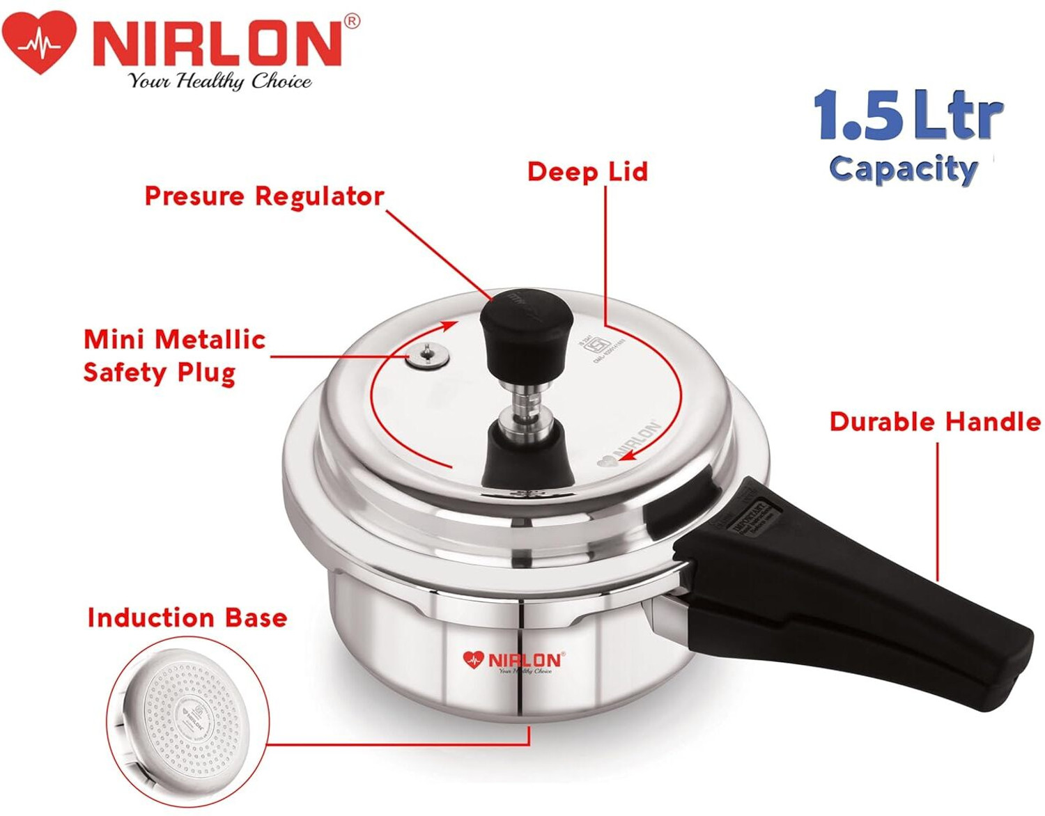 Image of NIRLON Supreme Induction Base Outer Lid Aluminium Pressure Cooker, 1.5 Liters, Silver 1.5 L Induction Bottom Pressure Cooker (Aluminium)