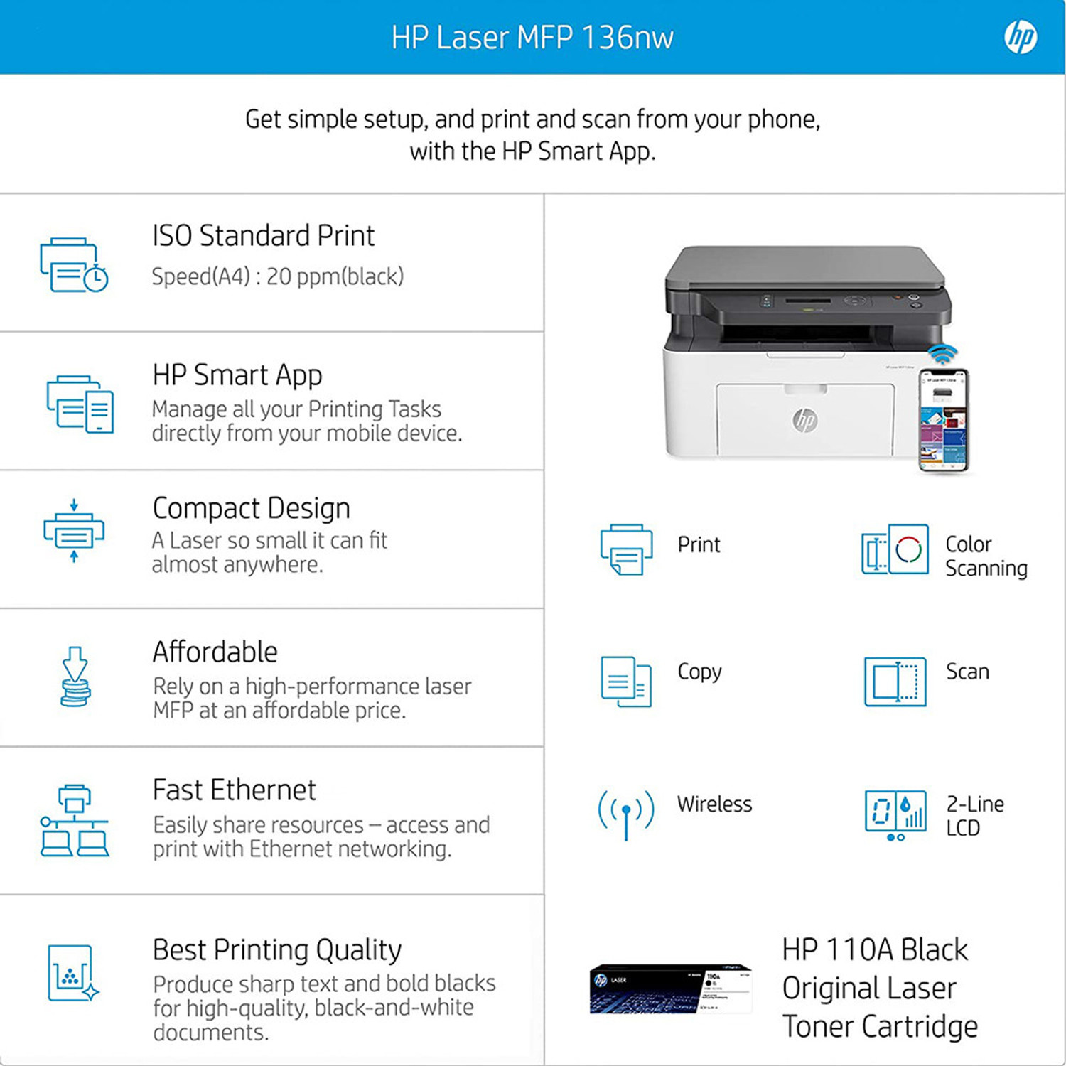 Image of HP MFP 136nw Multi-function WiFi Monochrome Laser Printer
