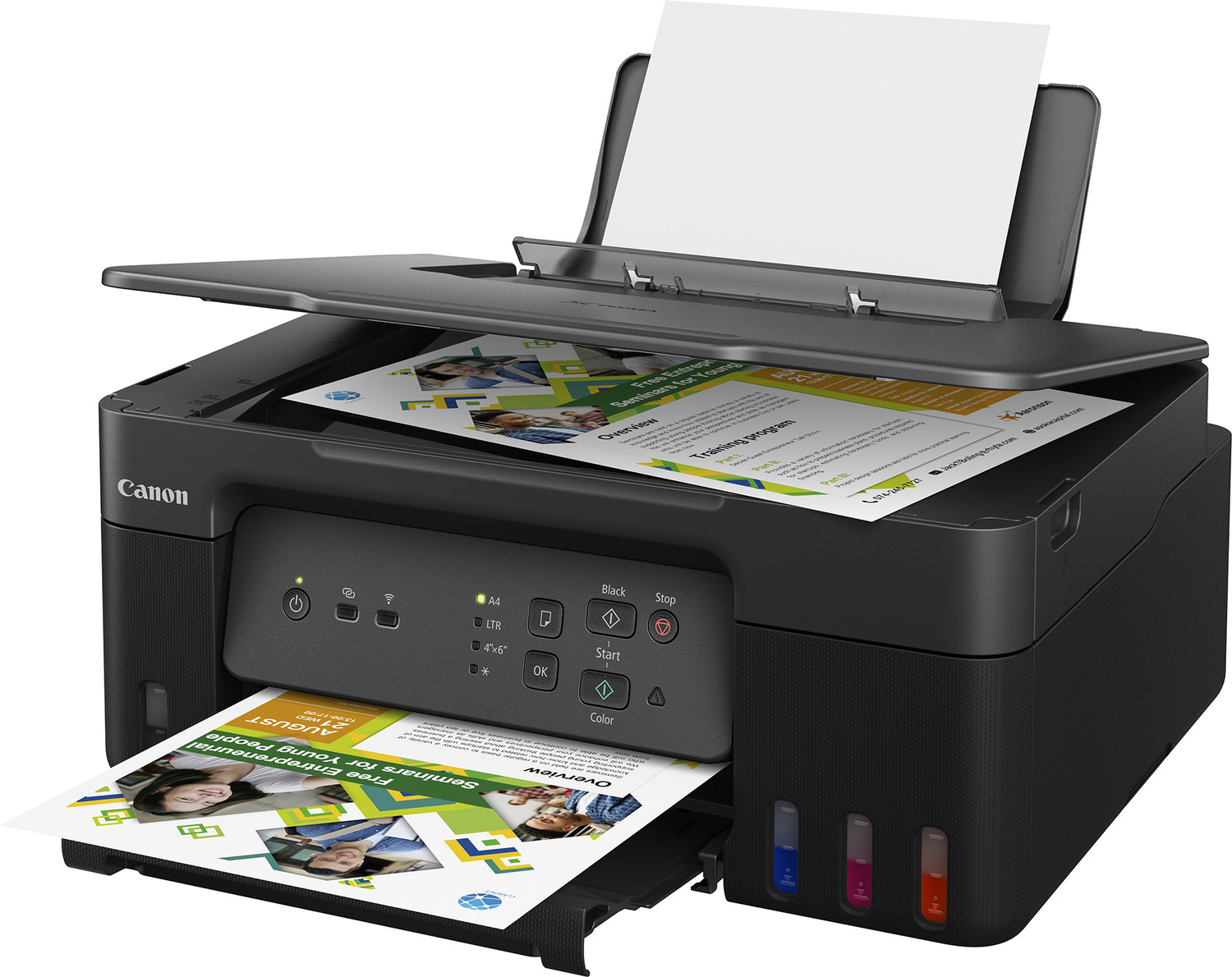 Image of Canon Pixma ink efficient G3730 Multi-function WiFi Color Ink Tank Printer with Black (70 ml) & Color (40 ml) ink bottles