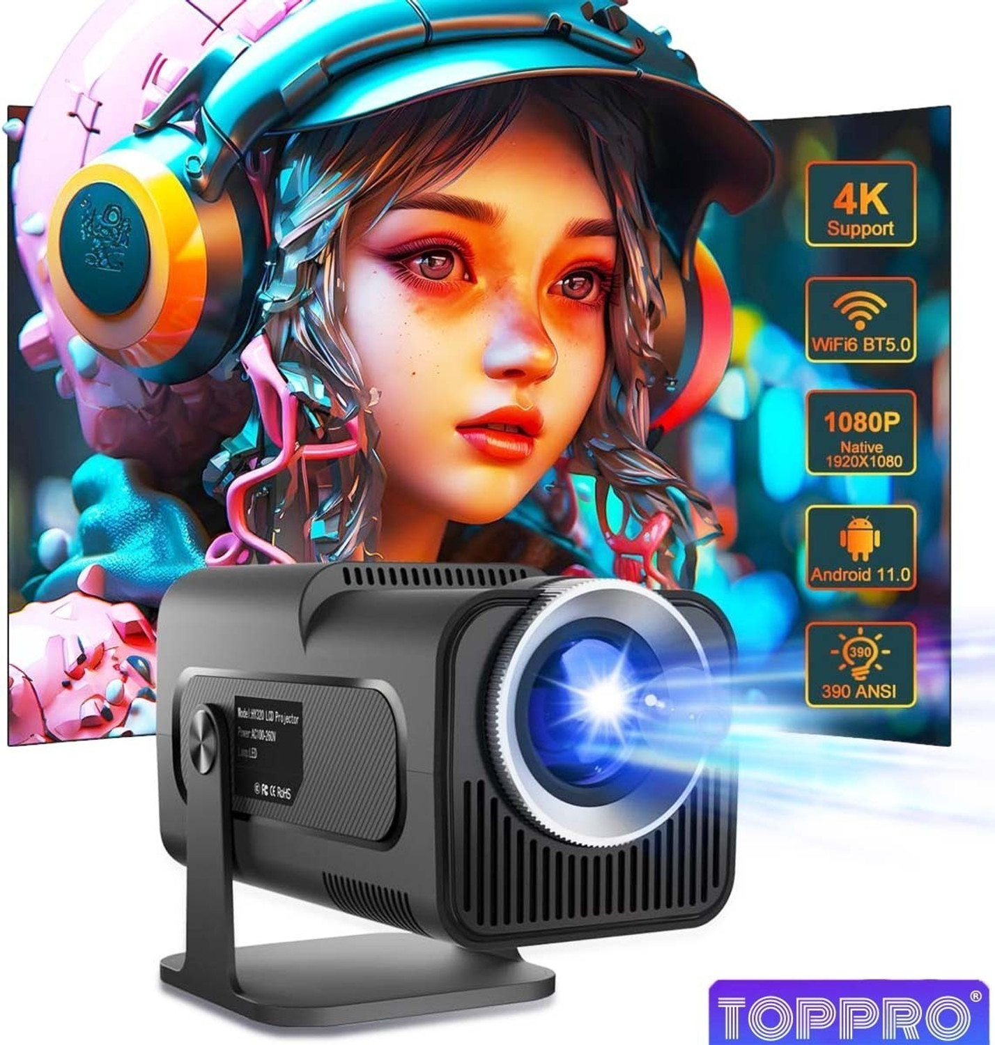 Image of TOPPRO HY320 1GB /8GB FullHD Android 11 Projector WiFi 6 /BT5 180 Rotation Auto Keystone (6000 lm / 1 Speaker / Wireless / Remote Controller) Portable Projector (Black)