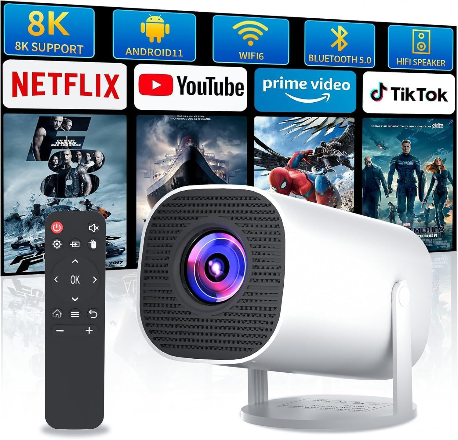 Image of Divine creation HY320 Mini 4K Support Smart Android 13 Projector with WiFi 6 HD Home Theater B31 (5000 lm / Wireless / Remote Controller) Portable Projector (Black)
