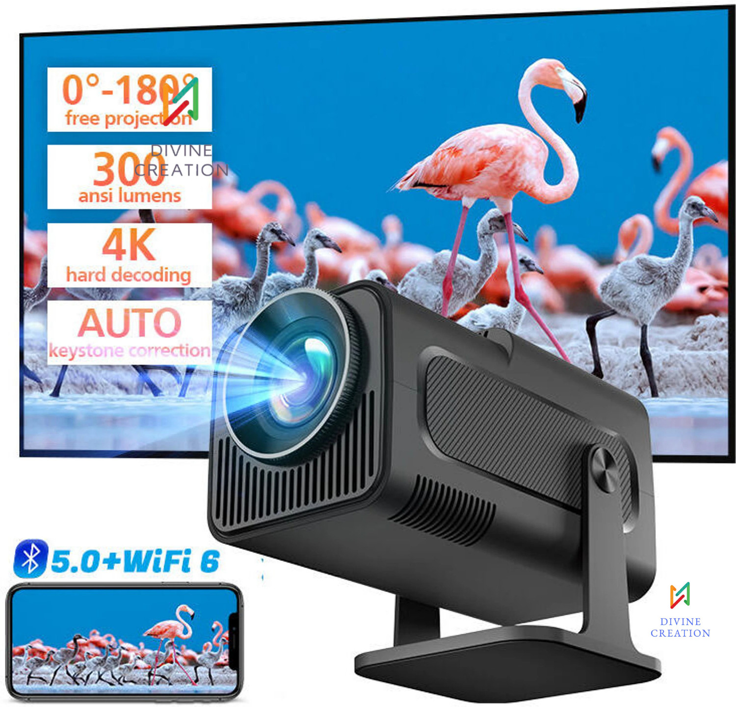 Image of Divine creation HY320 Mini 4K Support Smart Android 13 Projector with WiFi 6 HD Home Theater C32 (5000 lm / Wireless / Remote Controller) Portable Projector (Black)