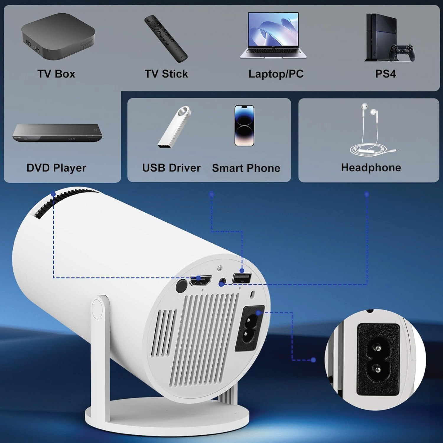 Image of OLV Portable Mini Projector, 4K 1080P Full Smart HD, WiFi 5G BT 5.0 with 180 rotate (6000 lm / Remote Controller) Portable Projector (White, Black)