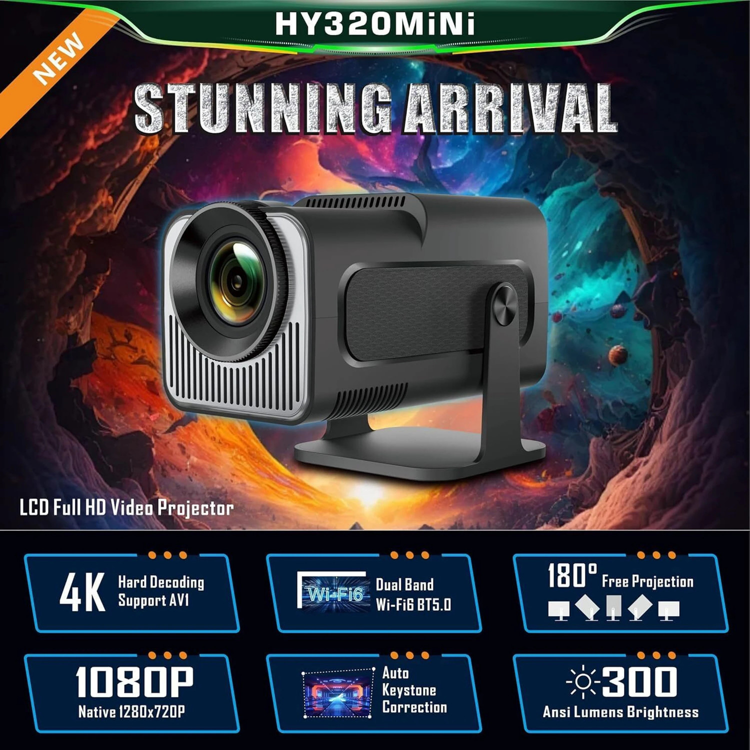 Image of Divine creation HY320 Mini 4K Support Smart Android 13 Projector with WiFi 6 HD Home Theater B10 (5000 lm / Wireless / Remote Controller) Portable Projector (Black)