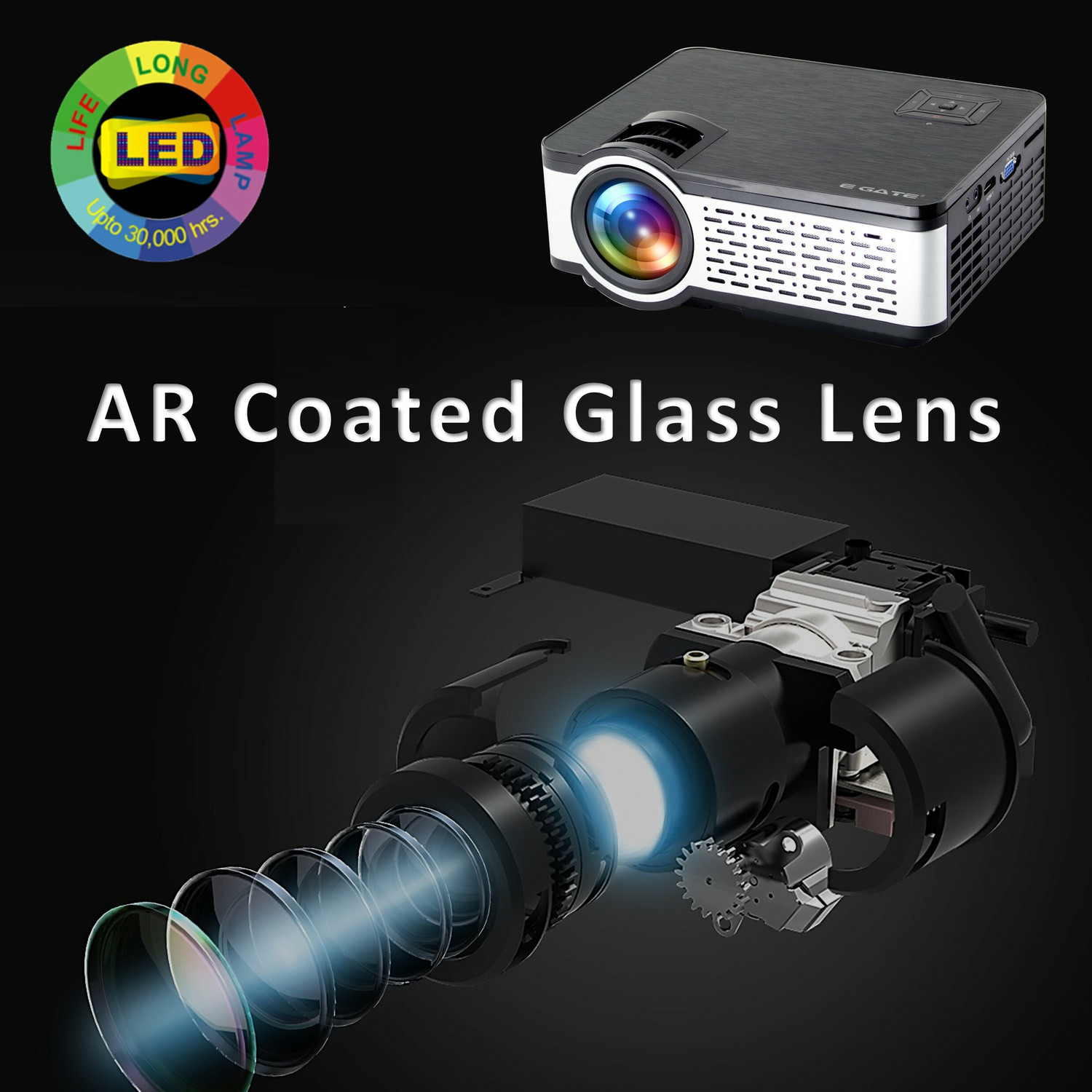 Image of Egate i9 Pro Max FHD 1080p (E03i31) (400 lm / 1 Speaker / Remote Controller) 4X Brighter | Bluetooth |400 ISO Lumens & 840 FC Mega Brightness | 1080p Native with 4K Support | 210-Inches (534 cm) Screen | AV, VGA, HDMI, SD Card, USB, AUX, inbuilt Speaker Projector