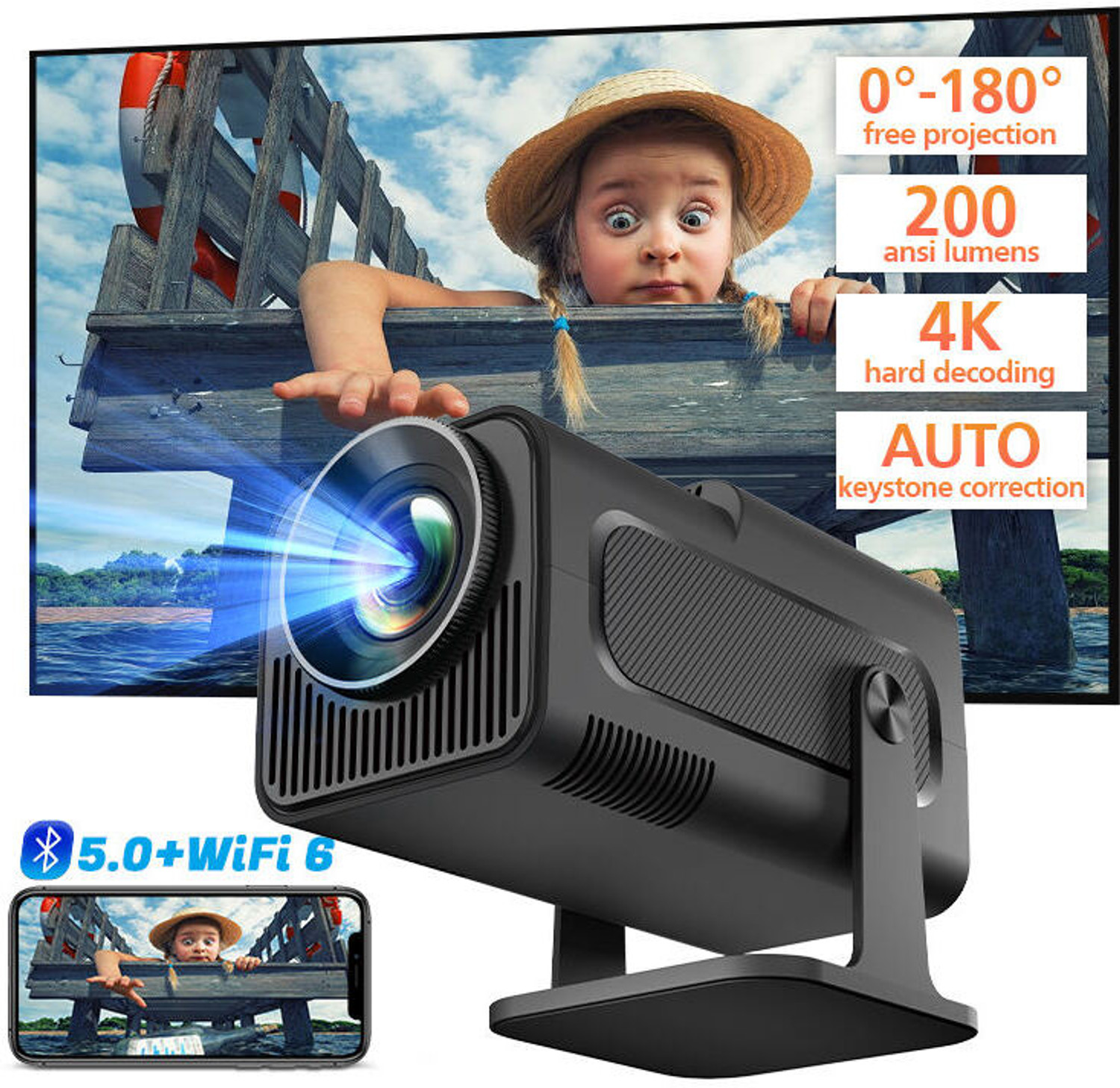Image of Divine creation HY320 Mini 4K Support Smart Android 13 Projector with WiFi 6 HD Home Theater B50 (5000 lm / Wireless / Remote Controller) Portable Projector (Black)