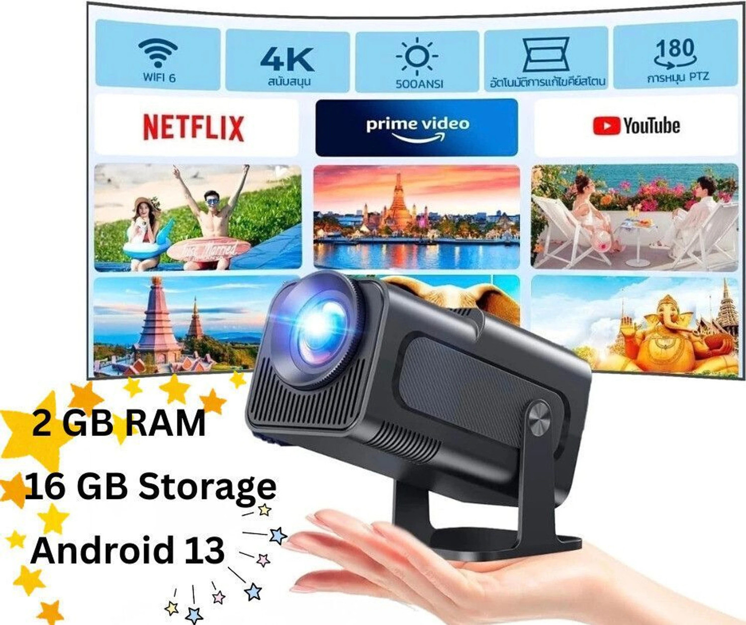 Image of Divine creation HY320 Mini 4K Support Smart Android 13 Projector with WiFi 6 HD Home Theater D56 (5000 lm / Wireless / Remote Controller) Portable Projector (Black)