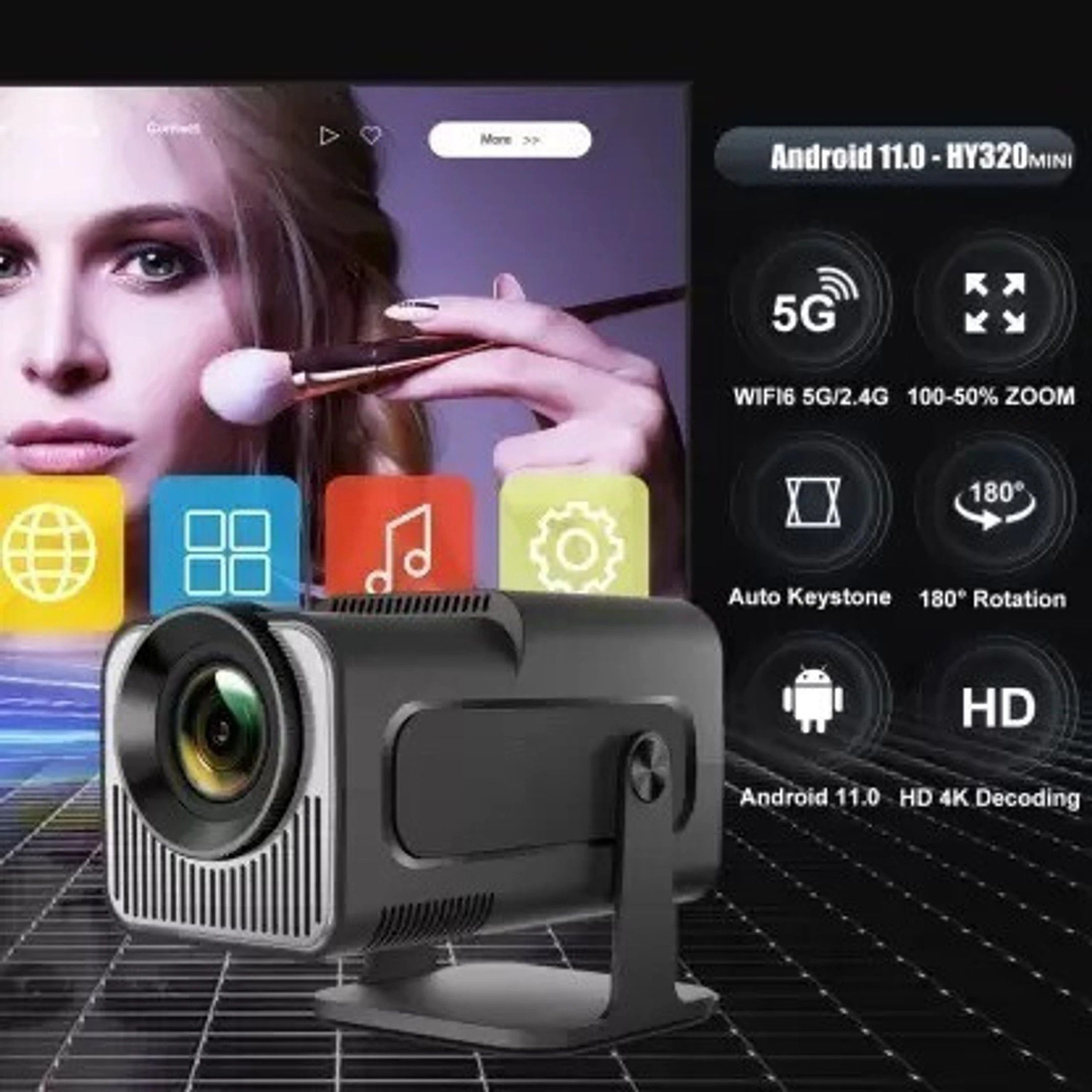 Image of Divine creation HY320 Mini 4K Support Smart Android 13 Projector with WiFi 6 HD Home Theater B31 (5000 lm / Wireless / Remote Controller) Portable Projector (Black)