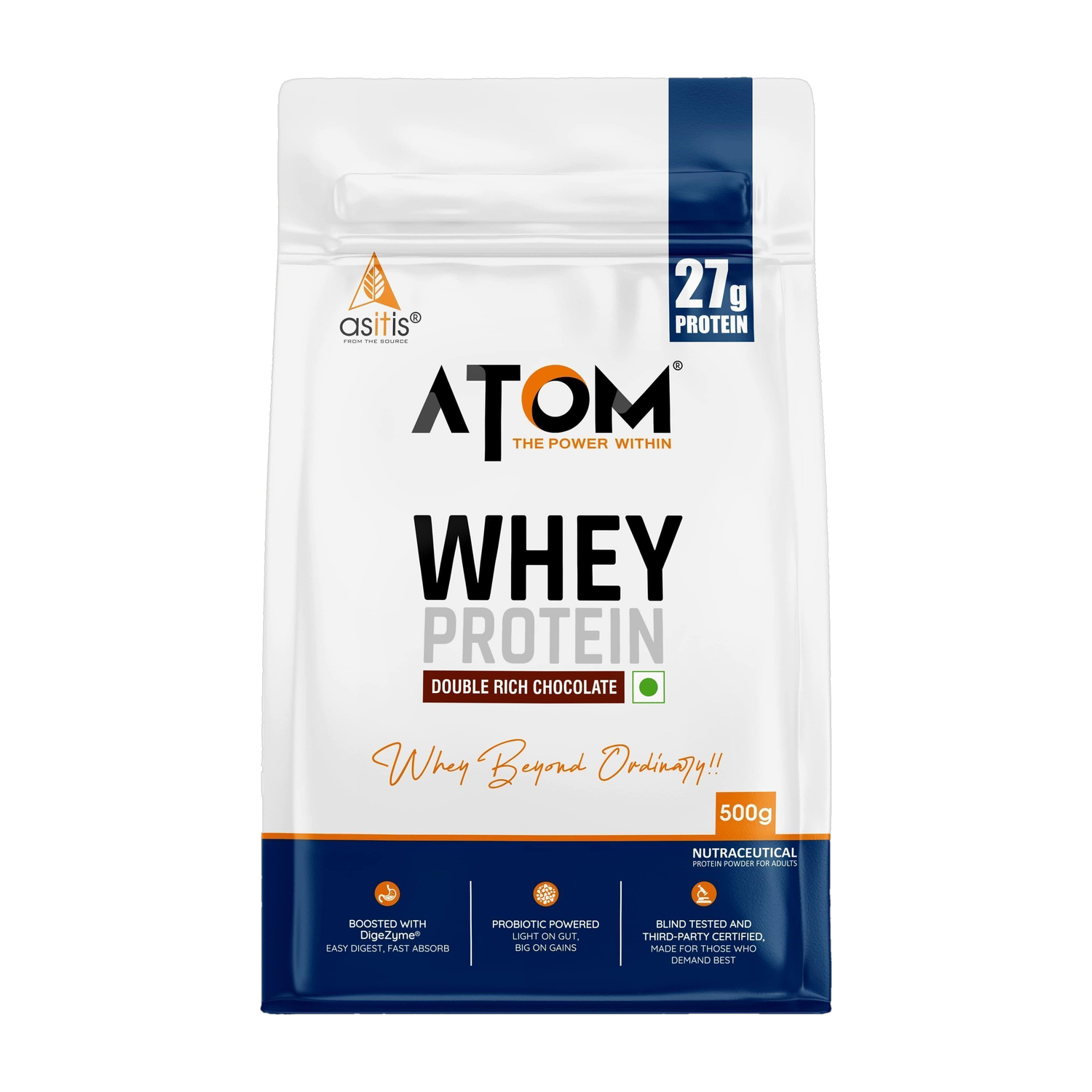 AS-IT-IS Nutrition ATOM 500g with Digestive Enzymes | 27g protein | 5.7g BCAA | Whey Protein  (500, Double Rich Chocolate)