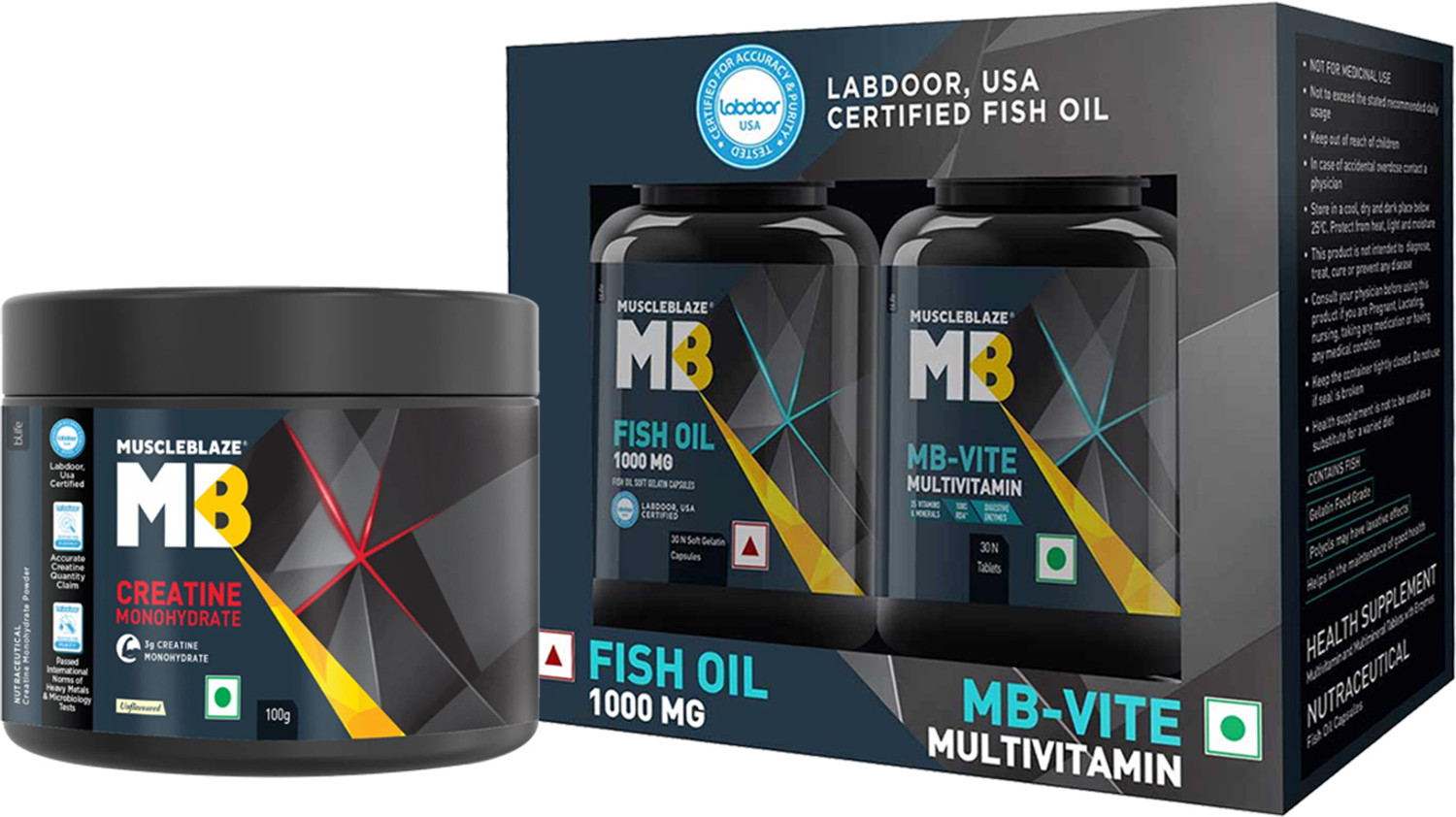 Image of MUSCLEBLAZE Micronised Monohydrate CreAMP, MB-Vite Daily Multivitamin & Omega 3 Fish Oil Creatine