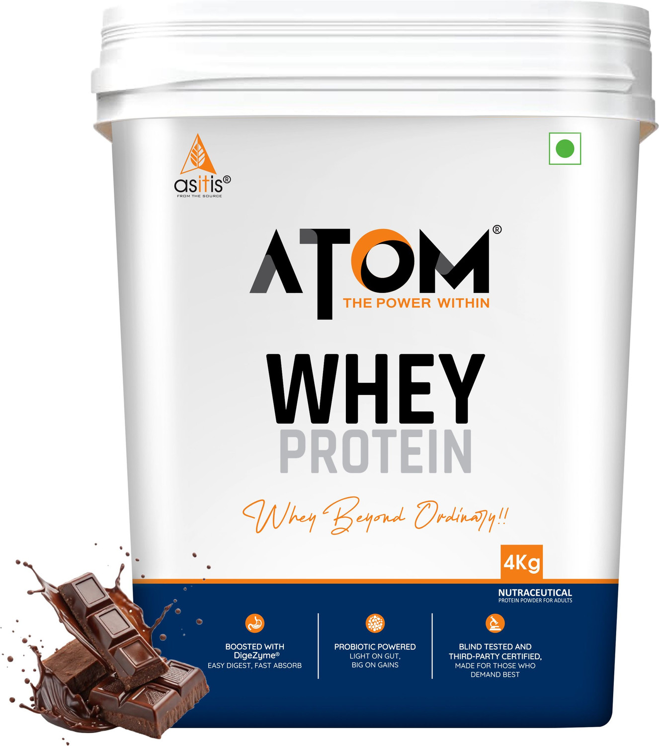 AS-IT-IS Nutrition ATOM Whey Protein 4kg with Digestive Enzymes | 27g protein | 5.7g BCAA | Whey Protein