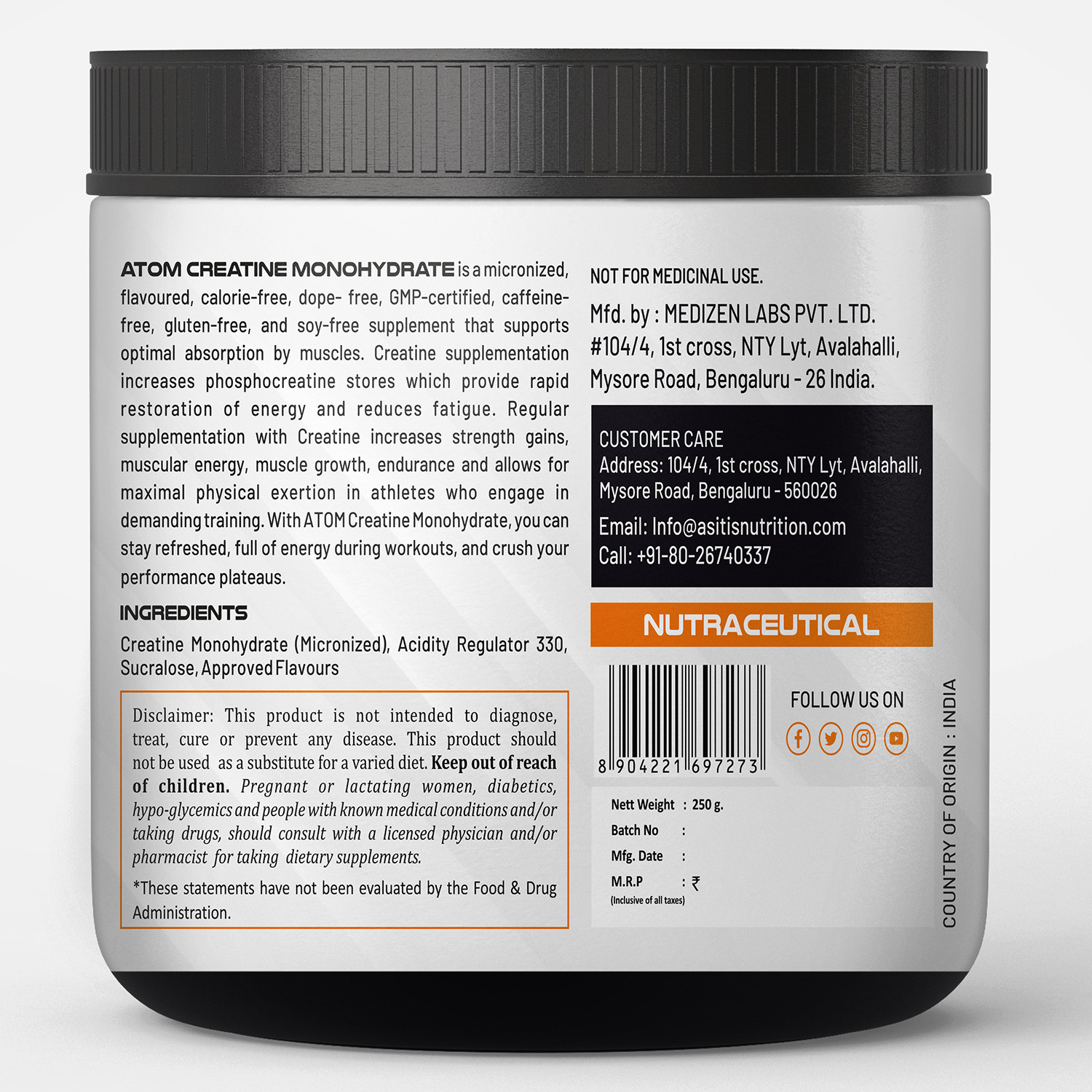 Image of AS-IT-IS Nutrition ATOM Creatine Monohydrate - 80 Servings| Creatine