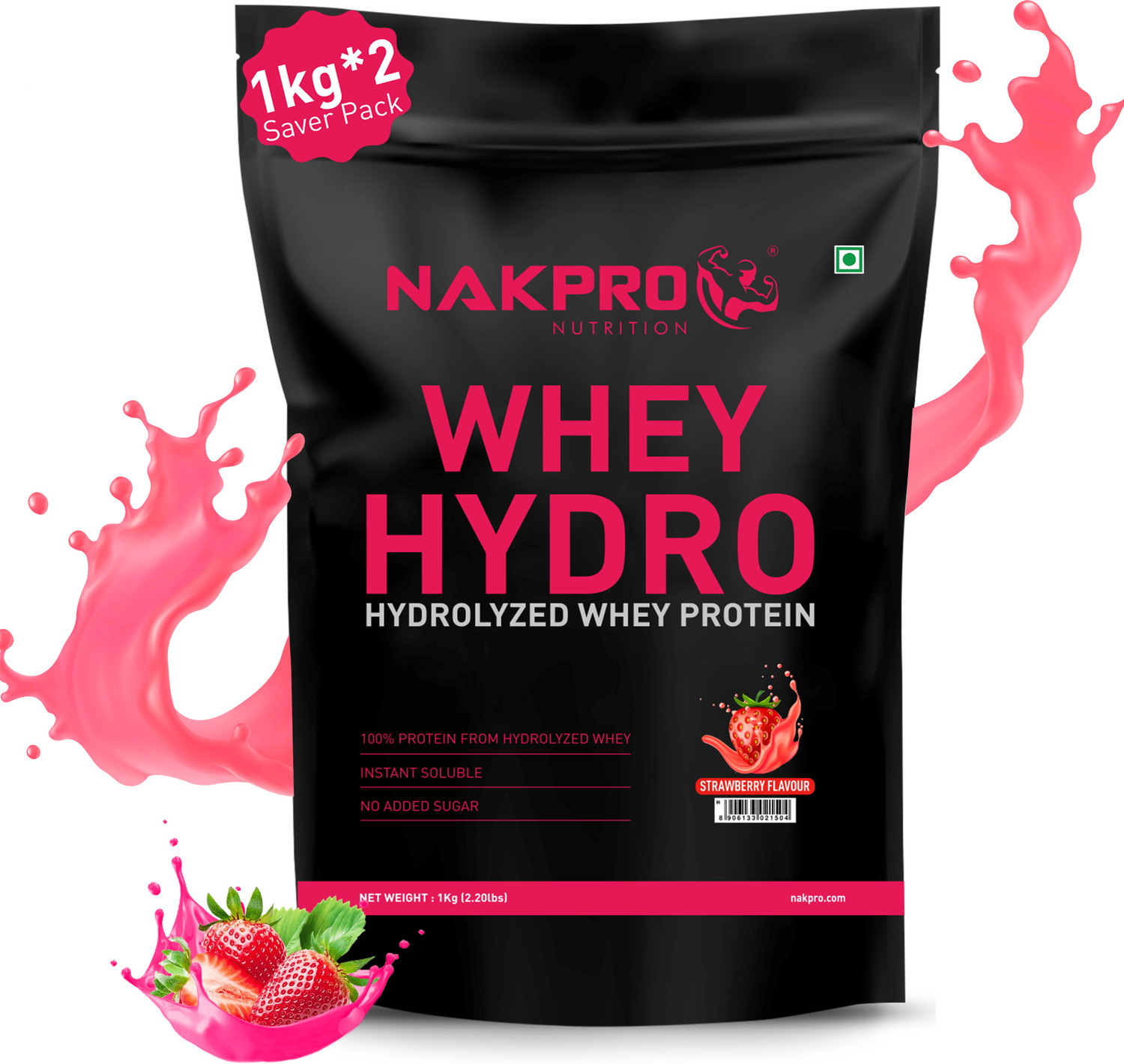 Image of Nakpro HYDRO Whey Protein Hydrolyzed Supplement Powder - 2 kg Strawberry (1Kg*2) Whey Protein