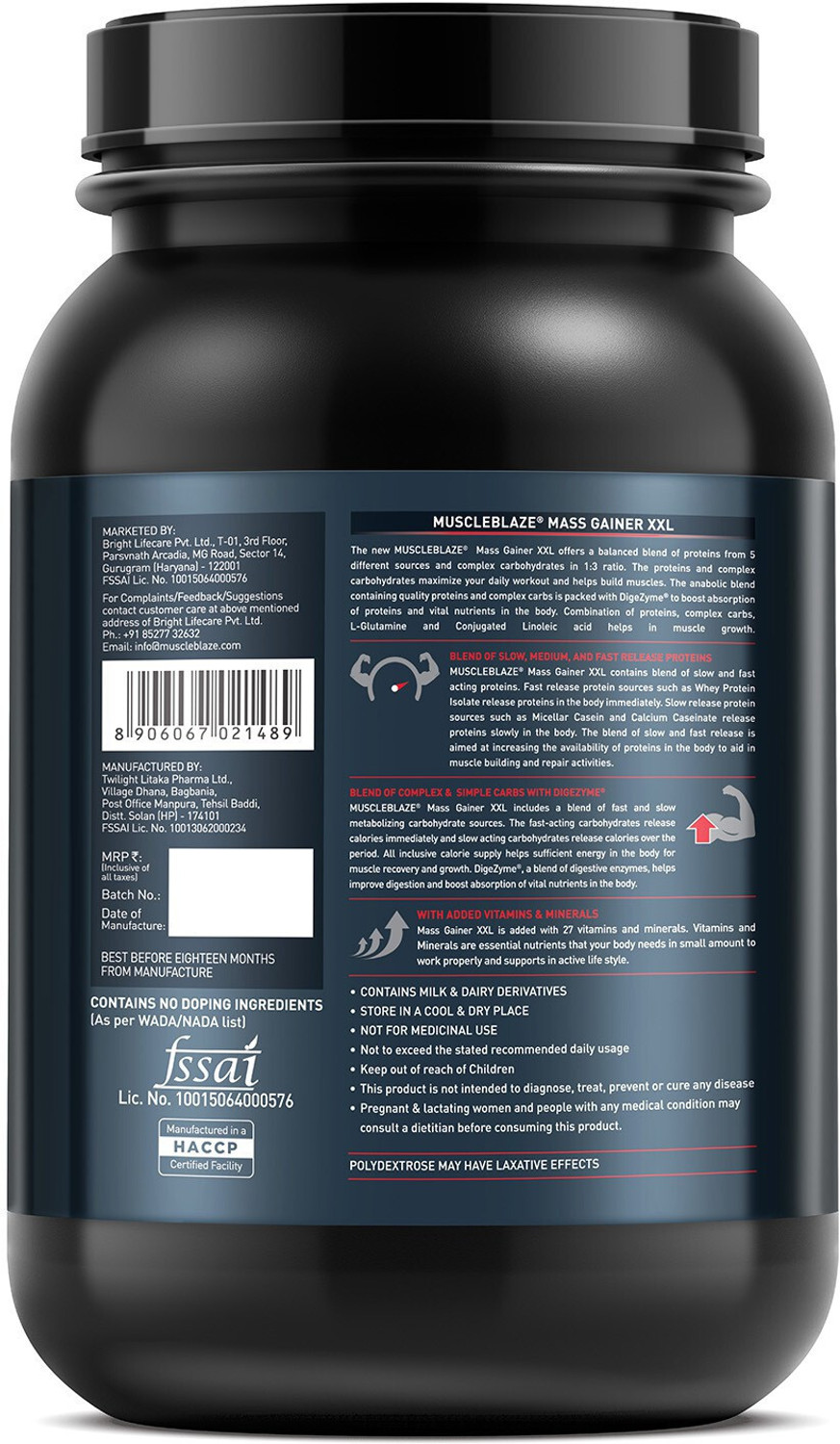 Image of MUSCLEBLAZE Mass Gainer XXL Weight Gainers /Mass Gainers (1 kg, Vanilla)