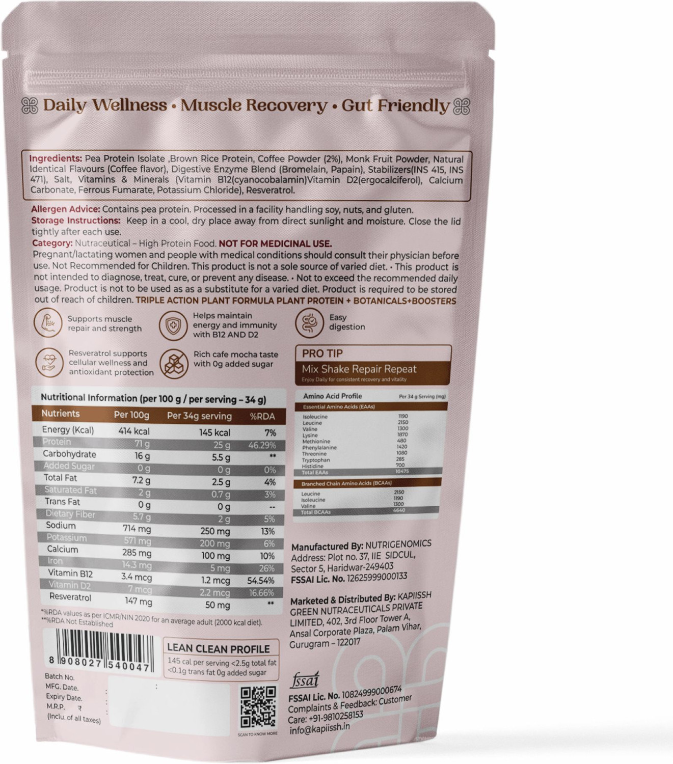 Image of Kapiissh 100% Natural Plant Protein Powder | 25g Plant-Based Protein (500 g, Cafe Mocha)