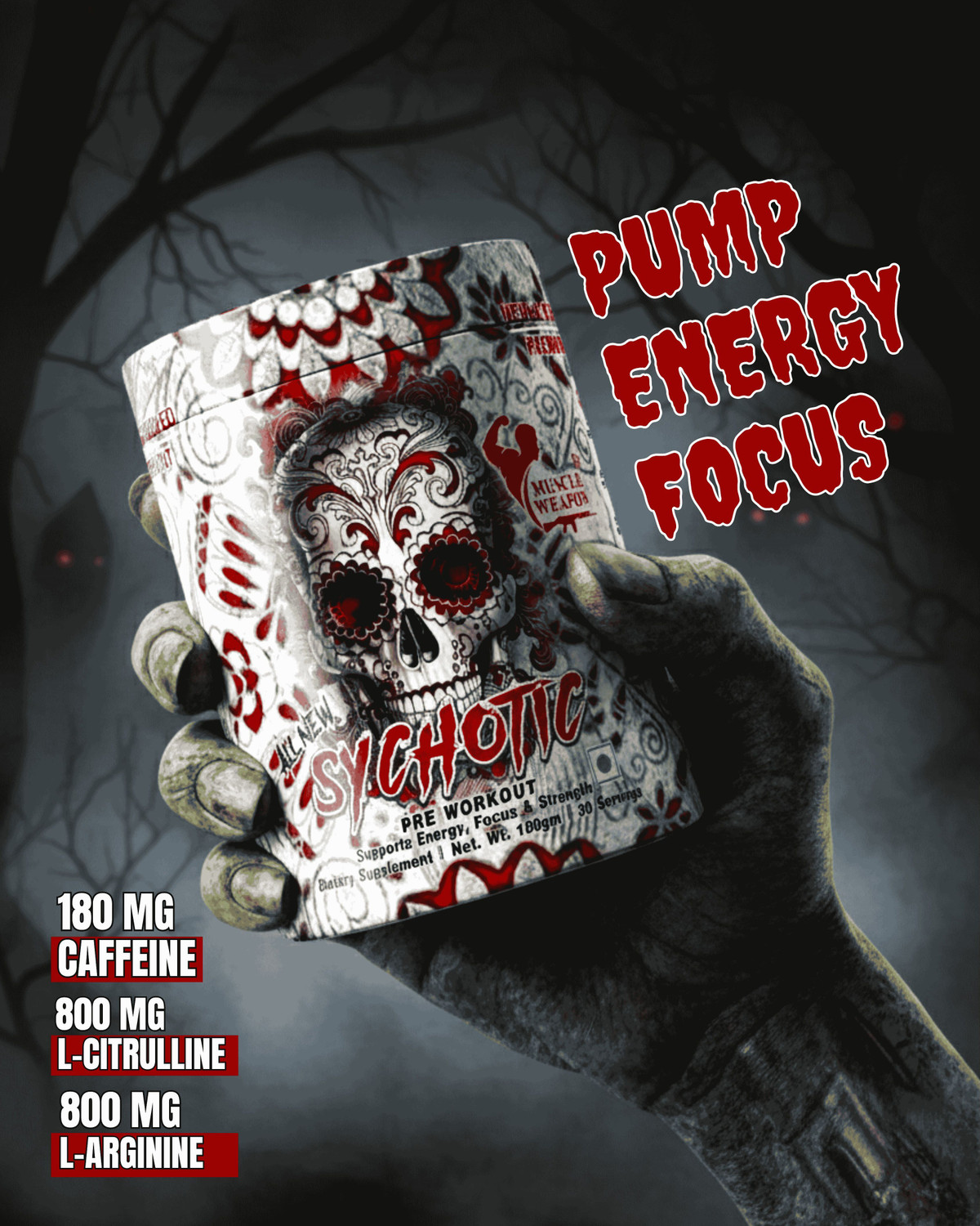Image of Muscle Weapon Sychotic Preworkout 30 servings| Energy | Focus | Pump Pre Workout (180 g, Fruit Punch)