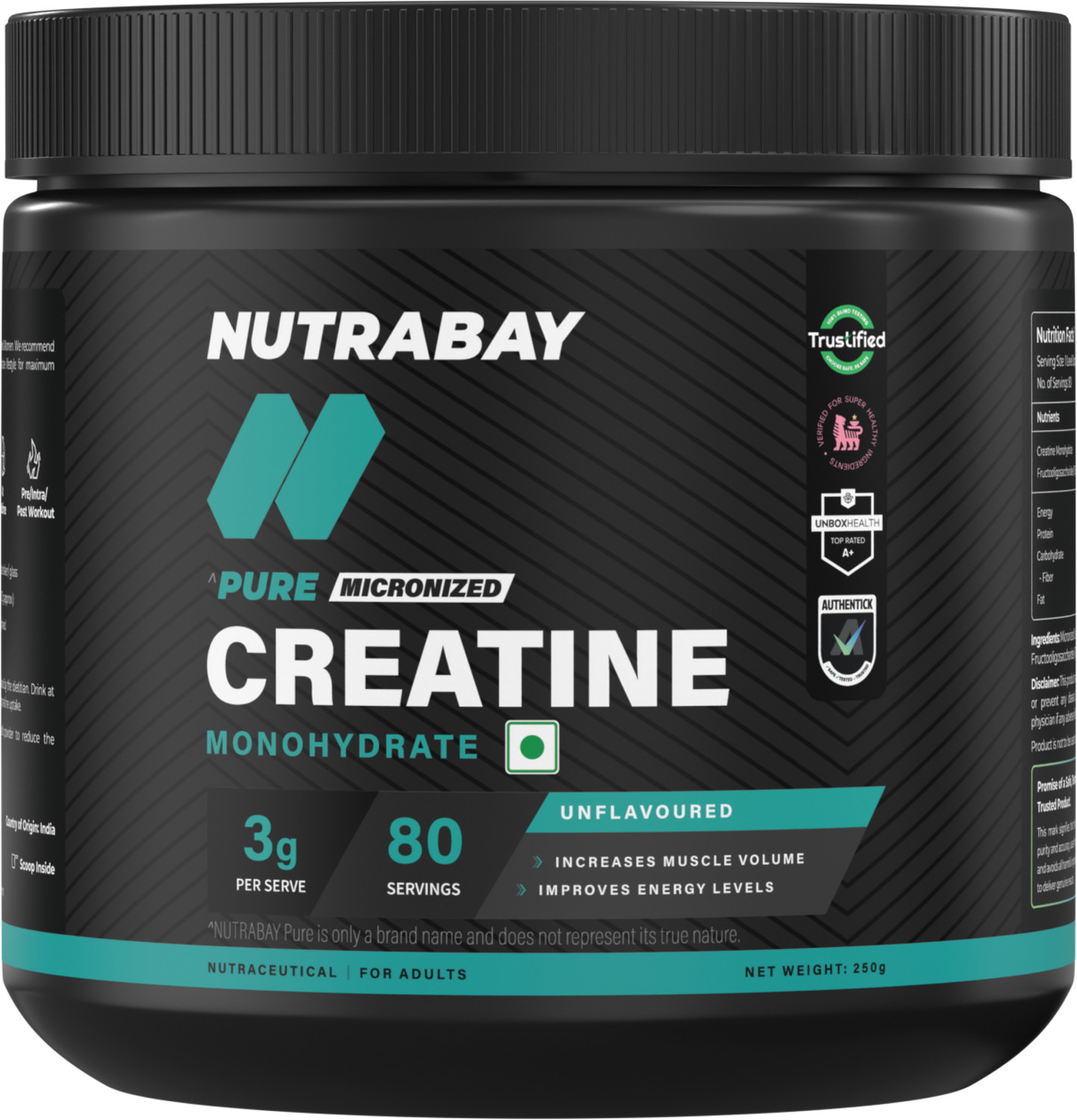 Nutrabay Pure Series Micronised Creatine Monohydrate 83 servings |Crossfit Supplement Creatine  (250, unflavoured)