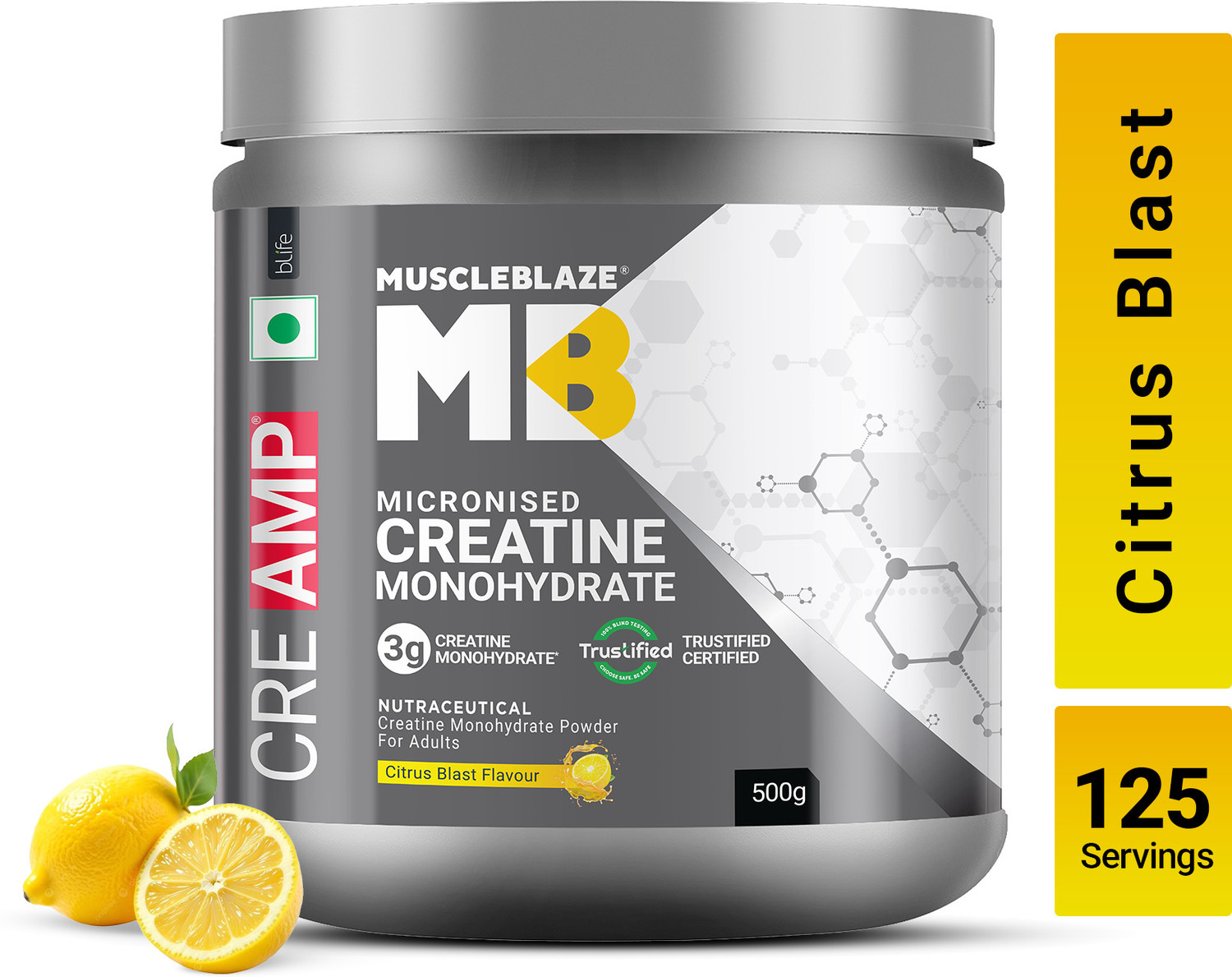 Micronised Creatine Monohydrate CreAMP Powder, Trustified Certified Creatine (500 g, Citrus Blast)