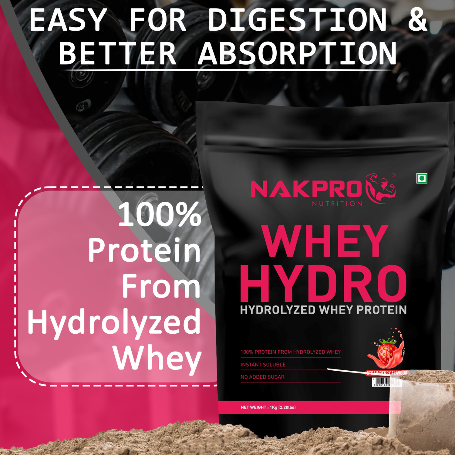 Image of Nakpro HYDRO Whey Protein Hydrolyzed Supplement Powder - 2 kg Strawberry (1Kg*2) Whey Protein