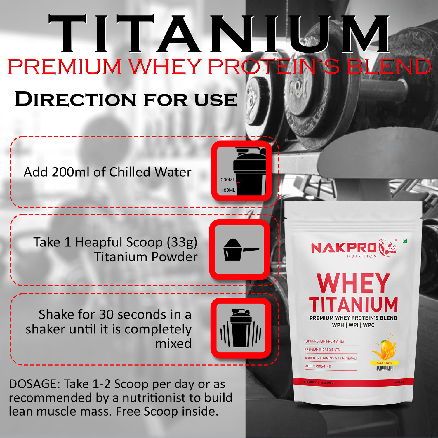 Image of Nakpro TITANIUM Tri Blend Whey Protein Hydro, Isolate & Concentrate - 2kg (1kg*2) Mango Whey Protein
